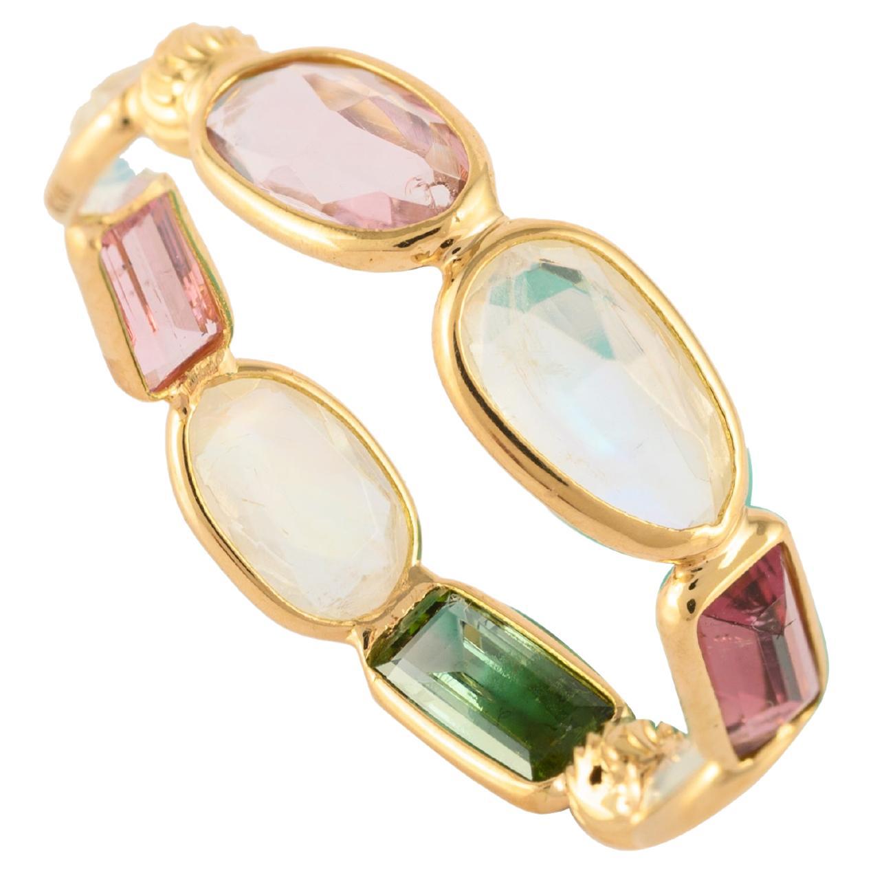 For Sale:  Stackable 2.68ct Moonstone and Tourmaline Eternity Band in 18k Yellow Gold