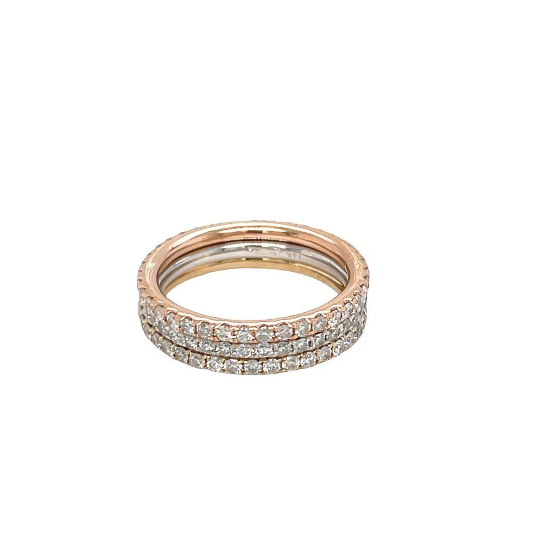 This elegant set of 14K tri-color eternity diamond rings offers a timeless, sophisticated look.

These feminine, micro pave set of 3 diamond eternity rings add a touch of luxury to your finger. Each ring has approximately 0.57 carat, a total diamond