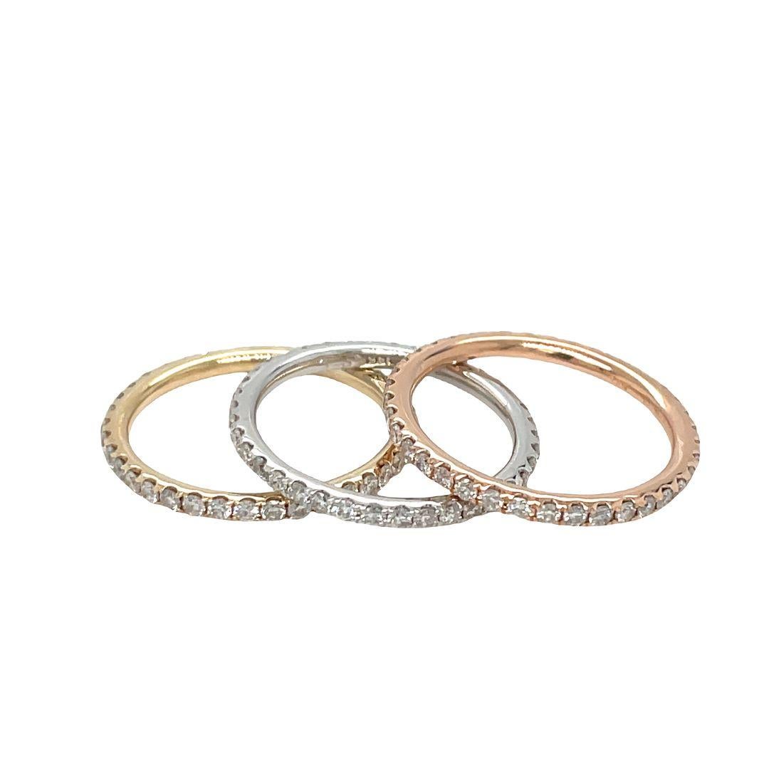 Stackable 3 Tones 14K White, Yellow, and Rose Gold Diamond Eternity Bands For Sale 1