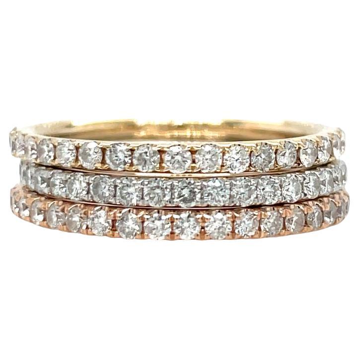 Stackable 3 Tones 14K White, Yellow, and Rose Gold Diamond Eternity Bands