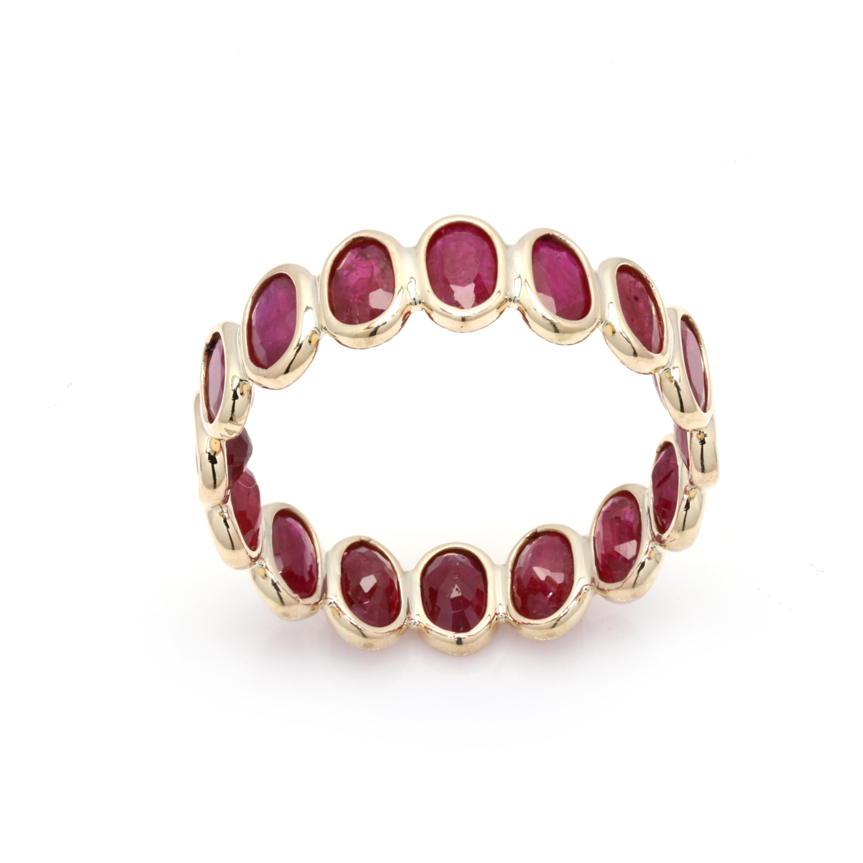 For Sale:  Stackable 4.43 Ct Oval Red Ruby Eternity Band Ring Mounted in 14K Yellow Gold 2