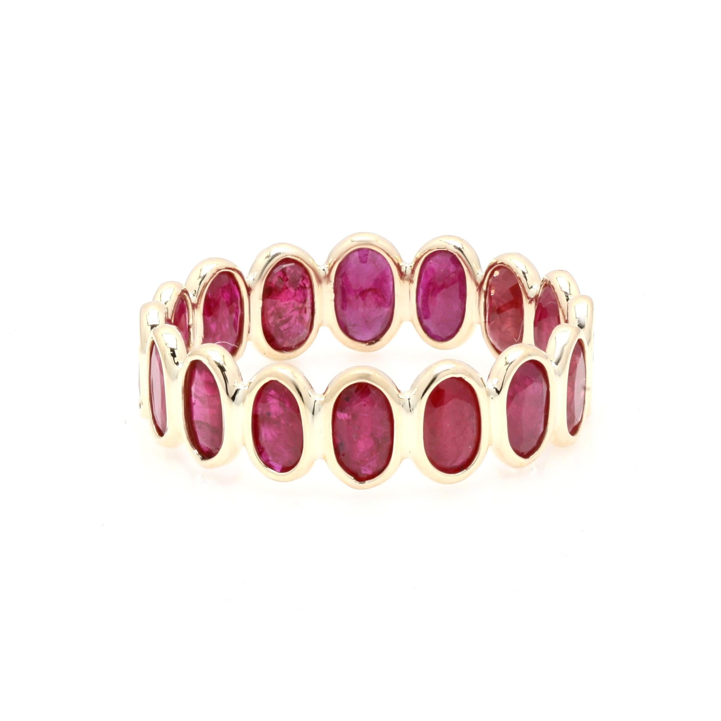 For Sale:  Stackable 4.43 Ct Oval Red Ruby Eternity Band Ring Mounted in 14K Yellow Gold 4