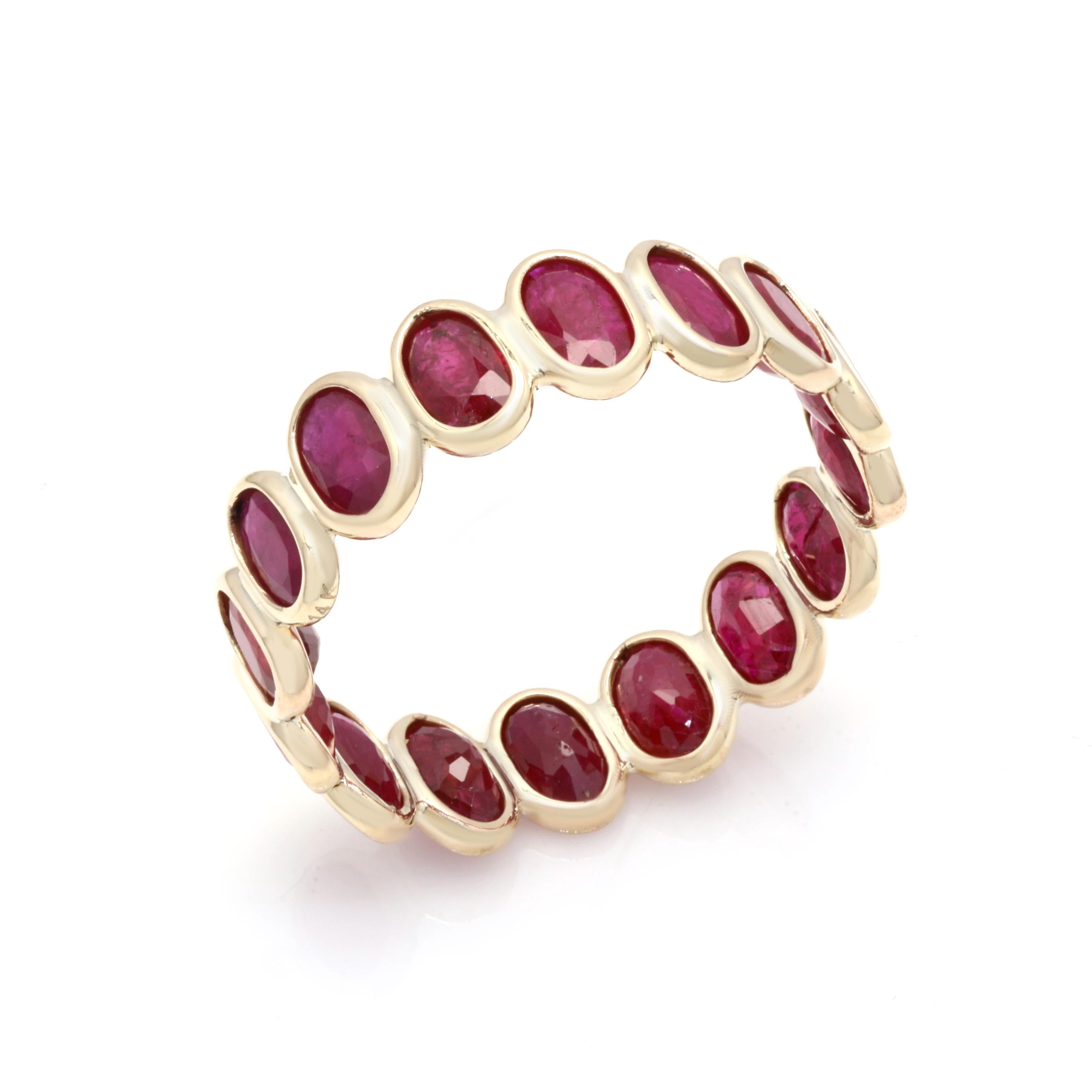 For Sale:  Stackable 4.43 Ct Oval Red Ruby Eternity Band Ring Mounted in 14K Yellow Gold 6