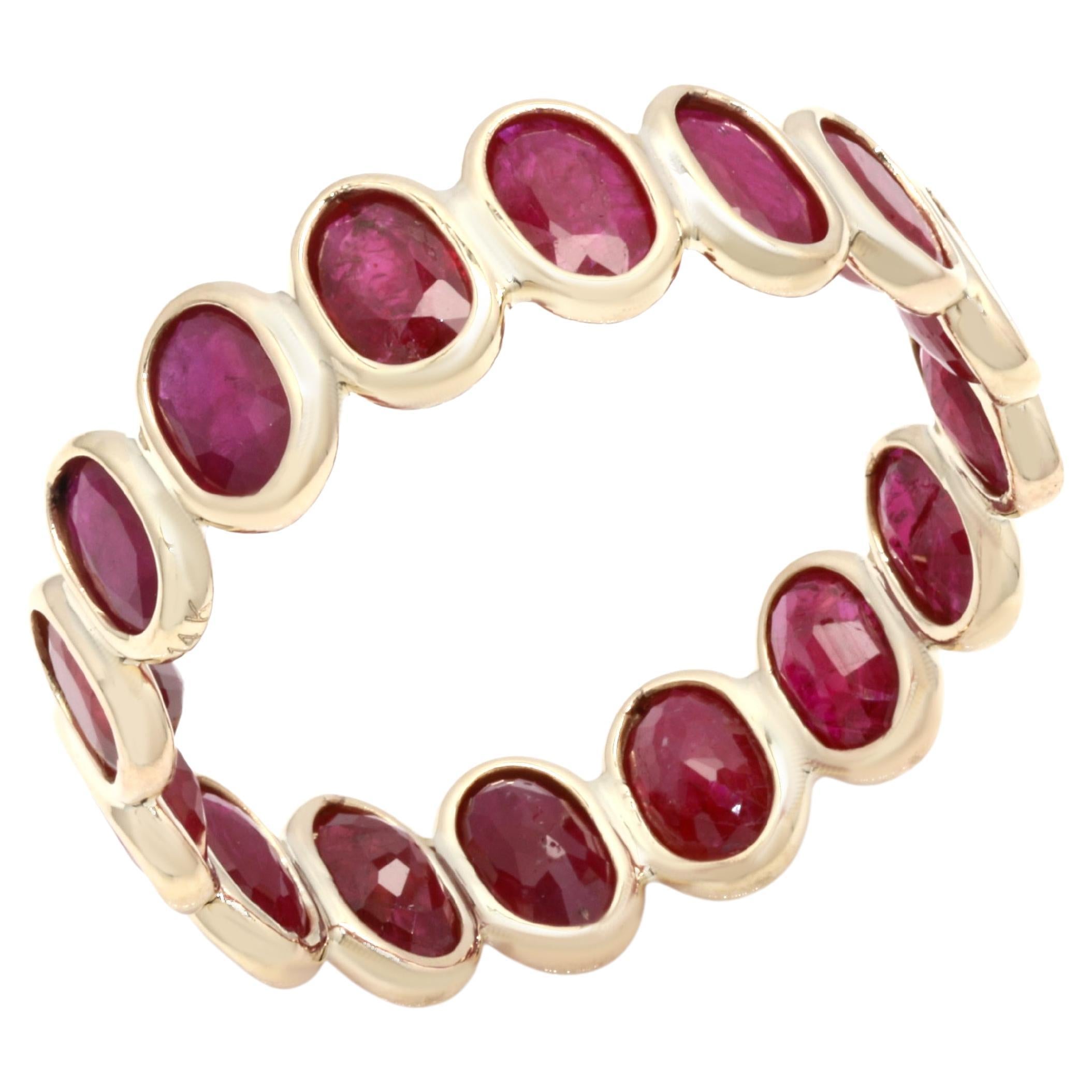 For Sale:  Stackable 4.43 Ct Oval Red Ruby Eternity Band Ring Mounted in 14K Yellow Gold