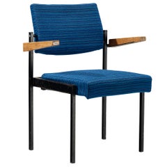 Stackable Armchair in Blue Upholstery and Black Metal Frame