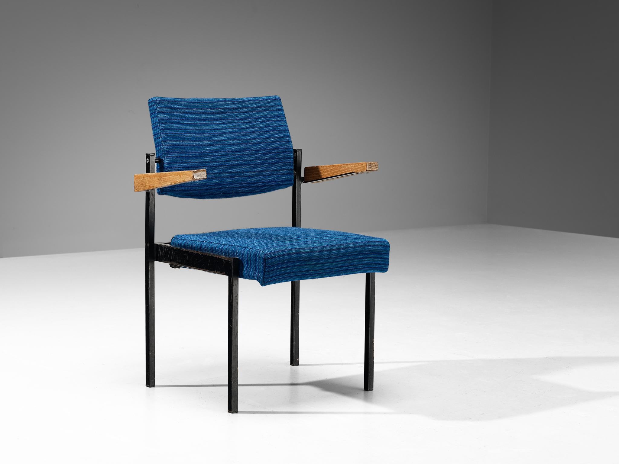 Mid-Century Modern Stackable Armchair in Blue Upholstery and Black Metal Frame  For Sale