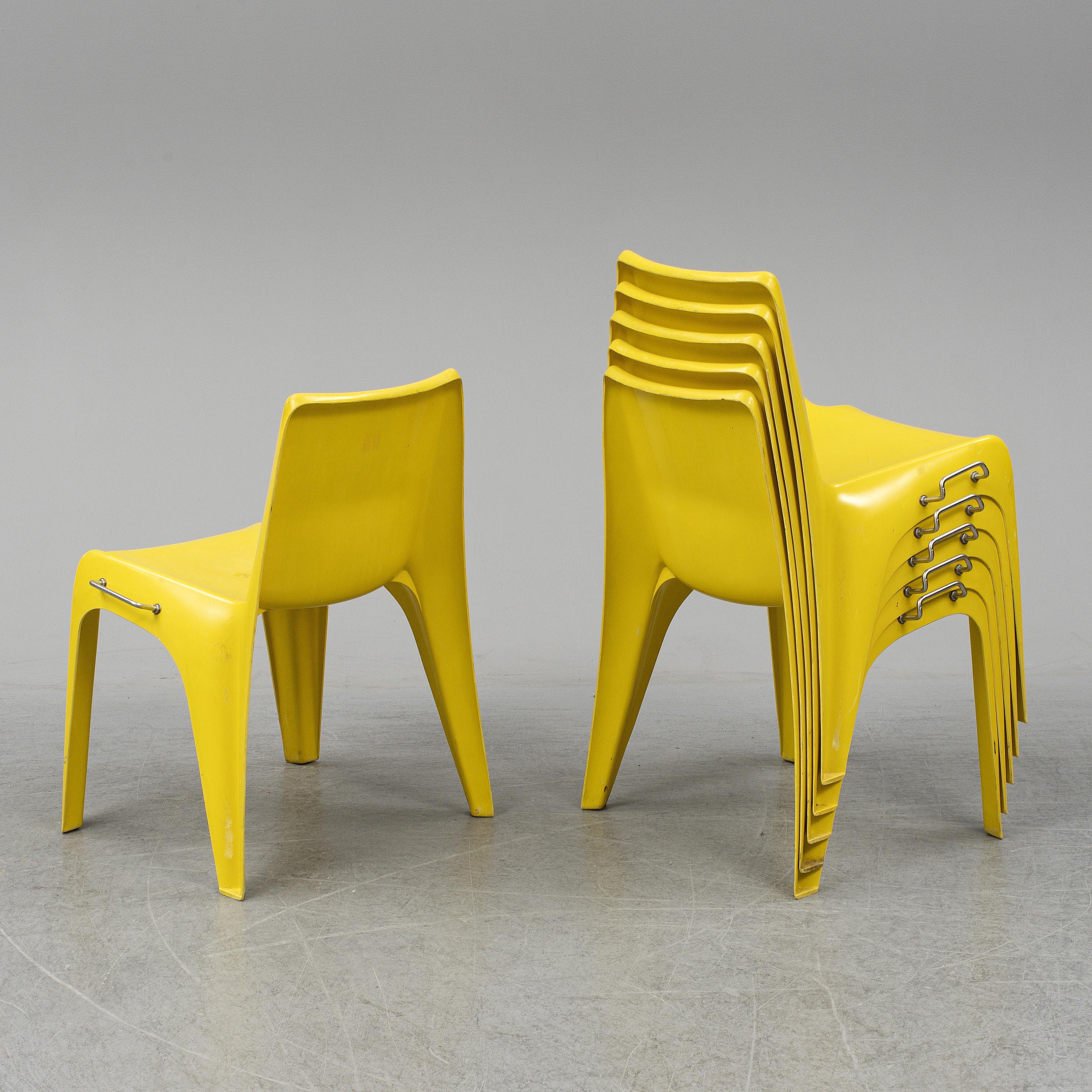 Mid-Century Modern Stackable Bofinger Yellow Chairs by Helmut Batzner, First Edition, Set of 6 For Sale
