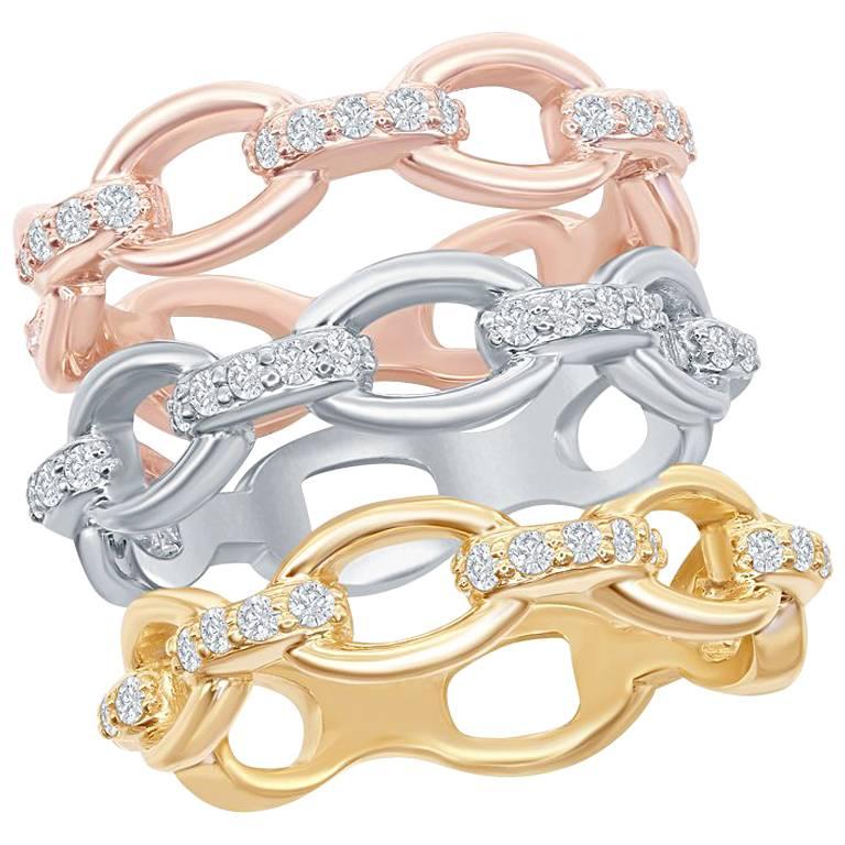 14K White, Yellow, Rose Gold Chain Link Diamond Rings For Sale