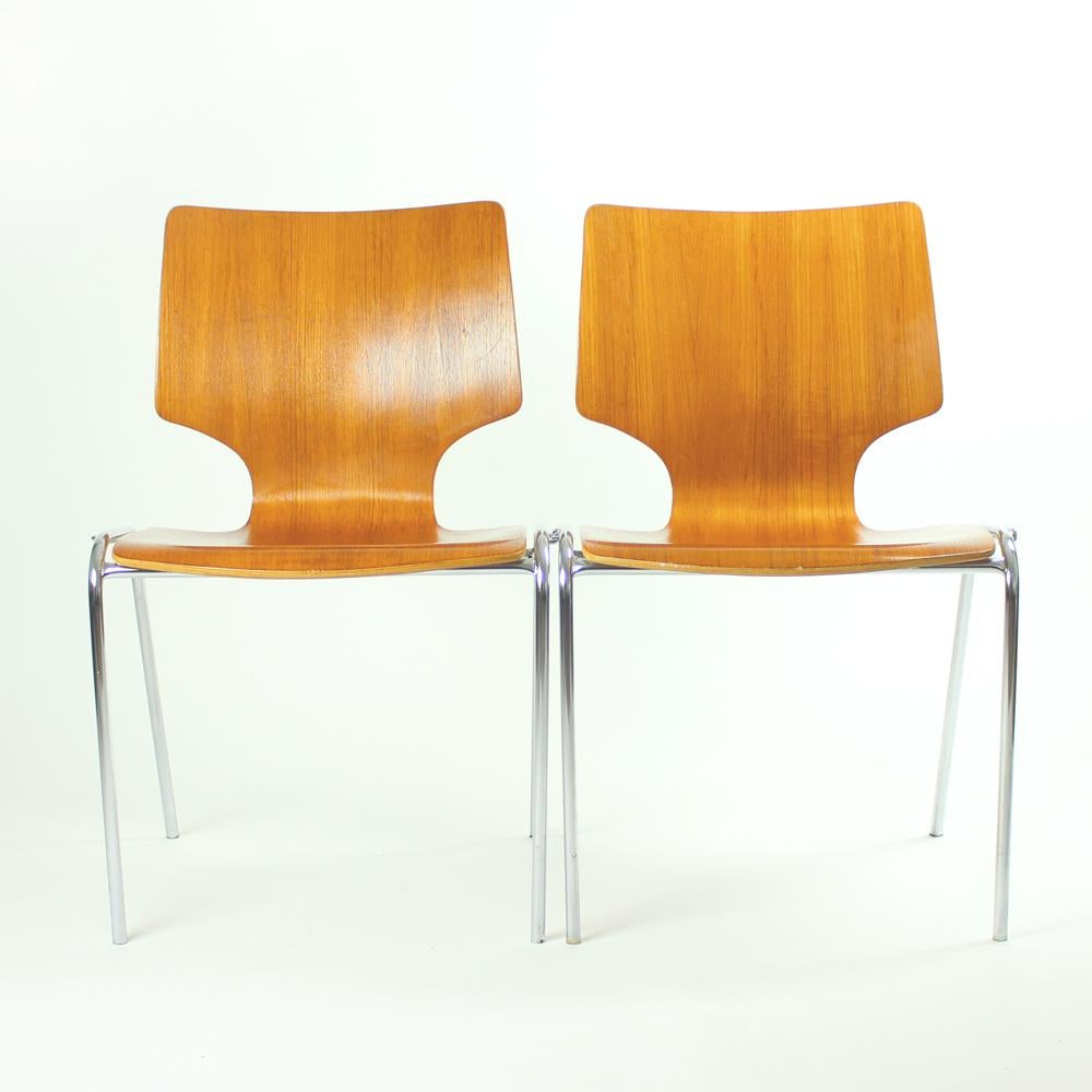 Stackable Chairs in Bended Plywood and Chrome, Adam Stegner Design, 1980s For Sale 3