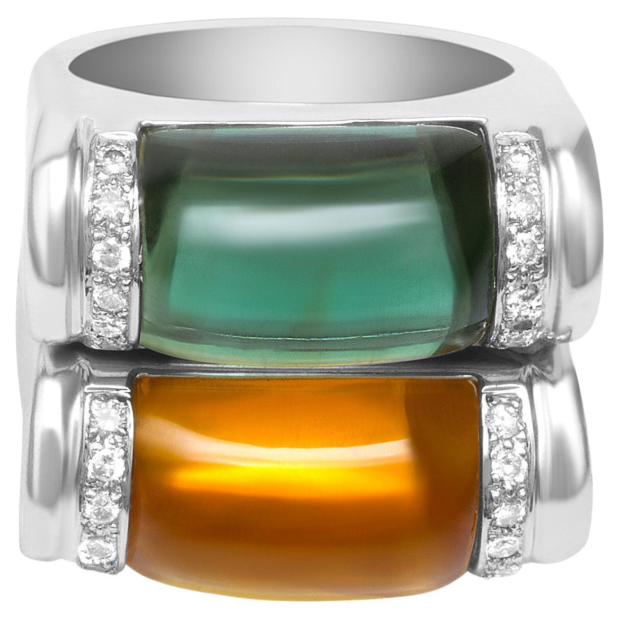 Stackable citrine and tourmaline set of 2 rings with diamond accents in 18k For Sale