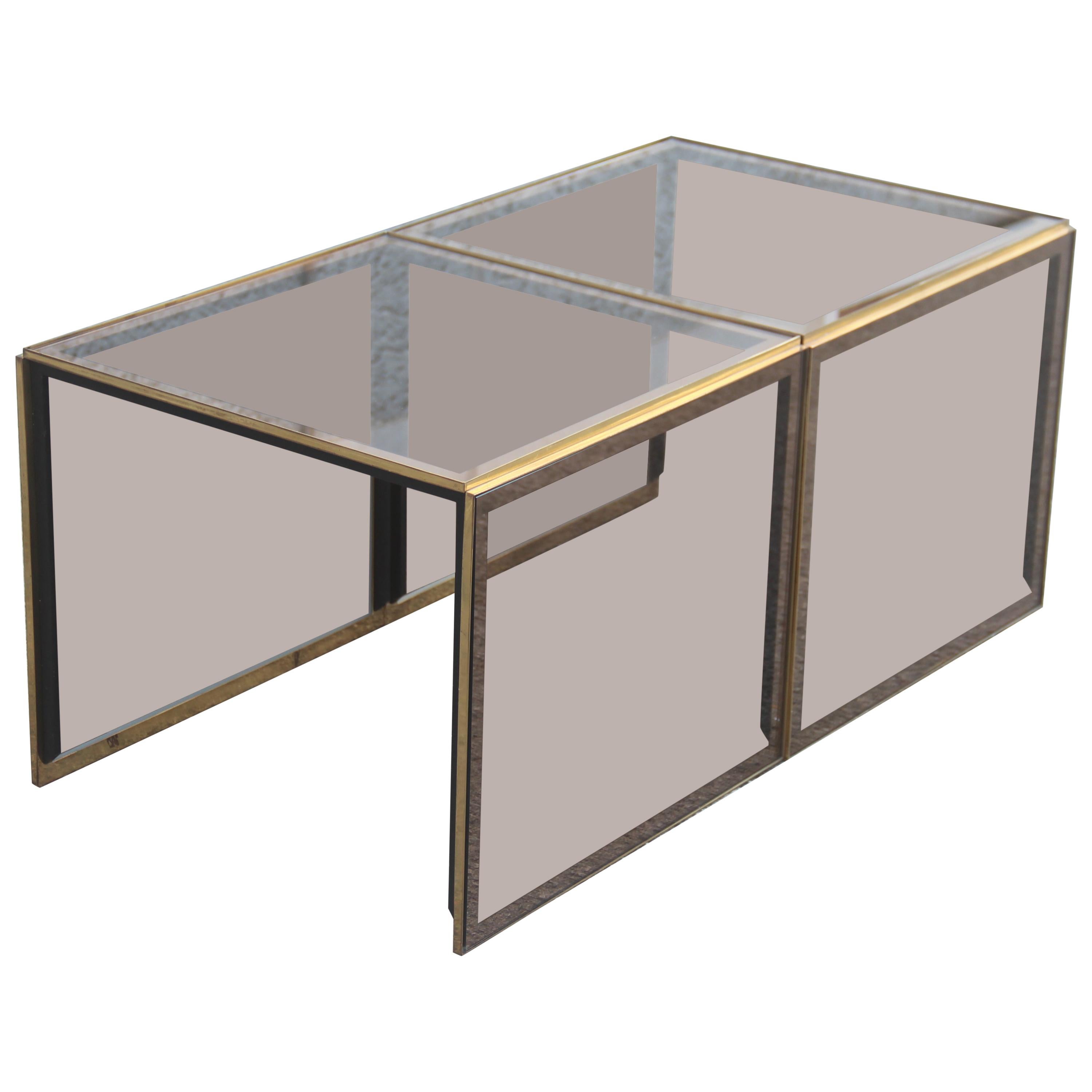 Stackable Coffee Tables in Mirrored Golden Brass Glass with a Square Shape 1970s For Sale