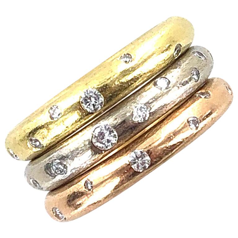Stackable Diamond 18 Karat TriColor Gold Rings at 1stDibs
