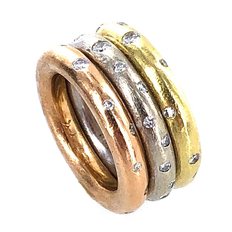 Stackable Diamond 18 Karat TriColor Gold Rings at 1stDibs
