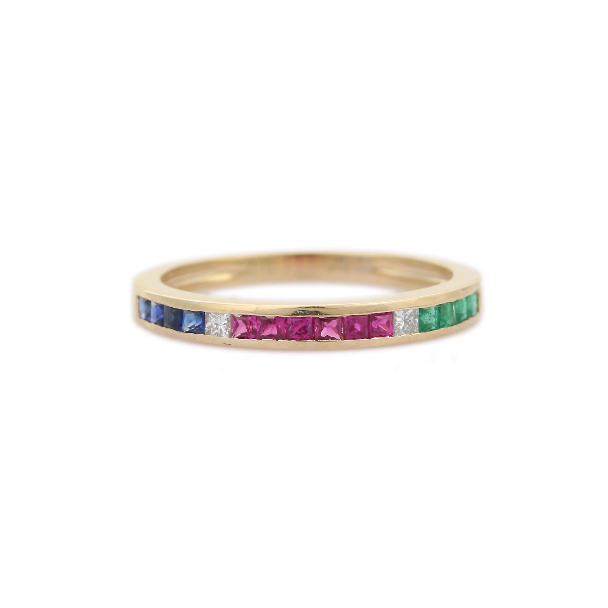 For Sale:  Stackable Emerald, Ruby and Sapphire Band Ring in 14k Solid Yellow Gold 2