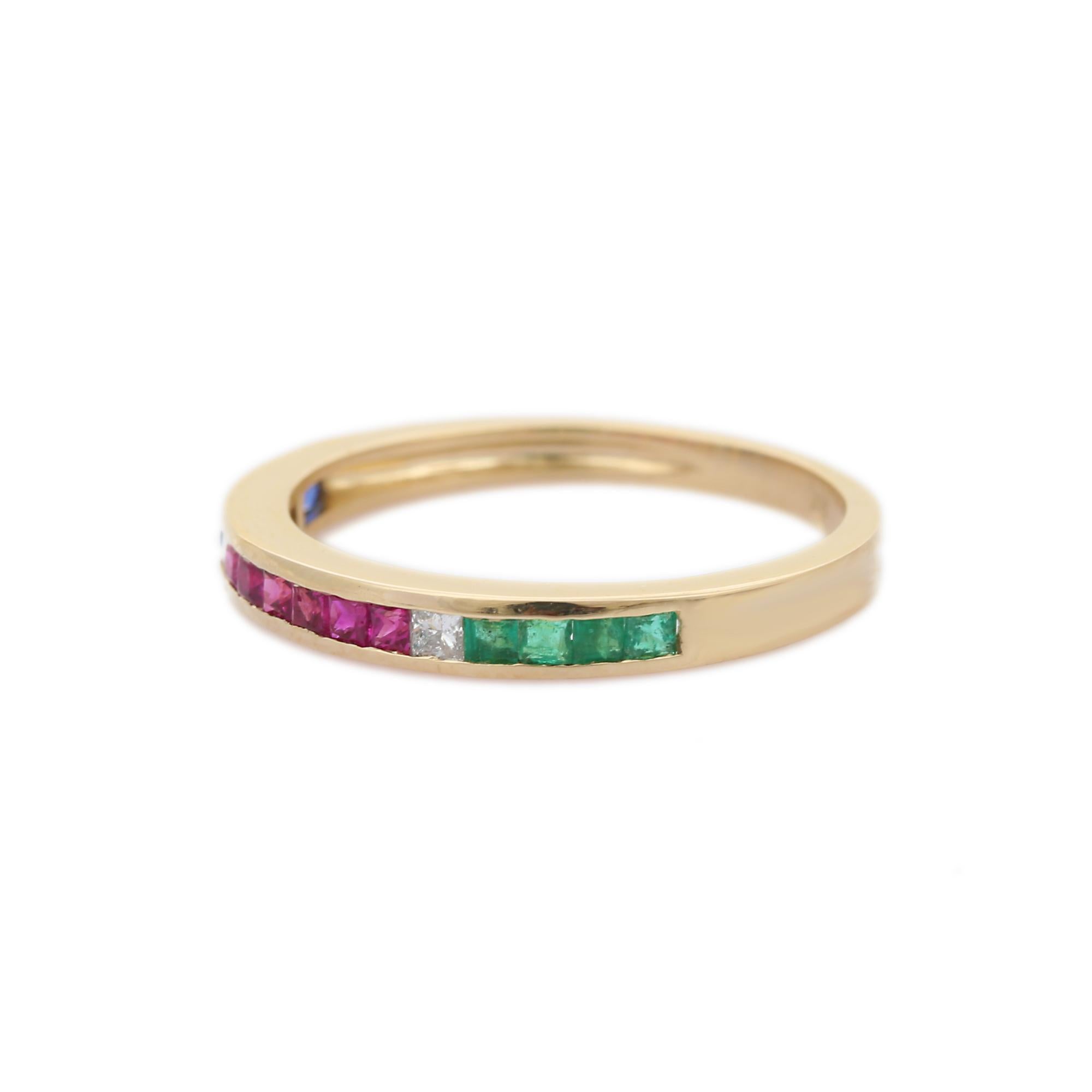 For Sale:  Stackable Emerald, Ruby and Sapphire Band Ring in 14k Solid Yellow Gold 3
