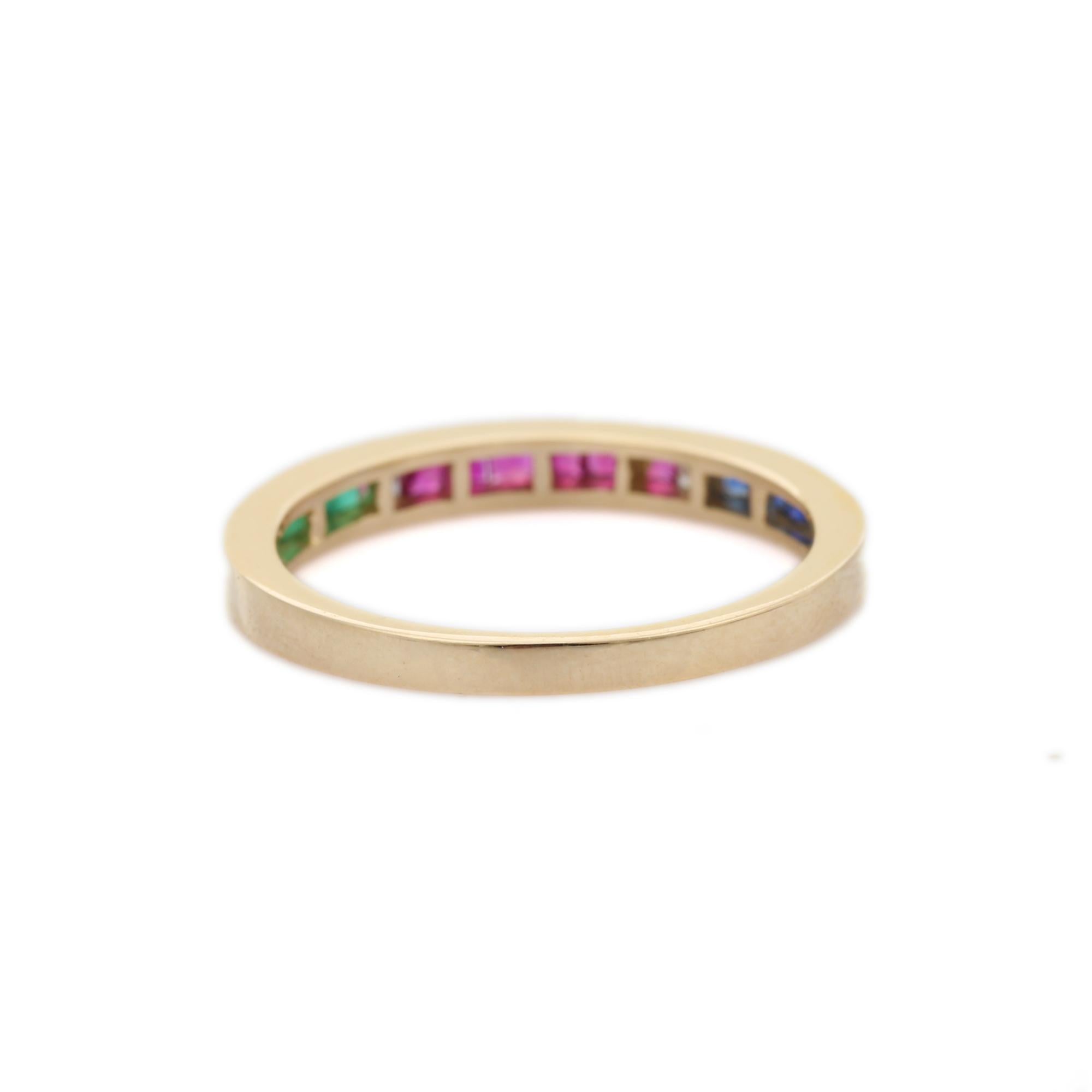 For Sale:  Stackable Emerald, Ruby and Sapphire Band Ring in 14k Solid Yellow Gold 4