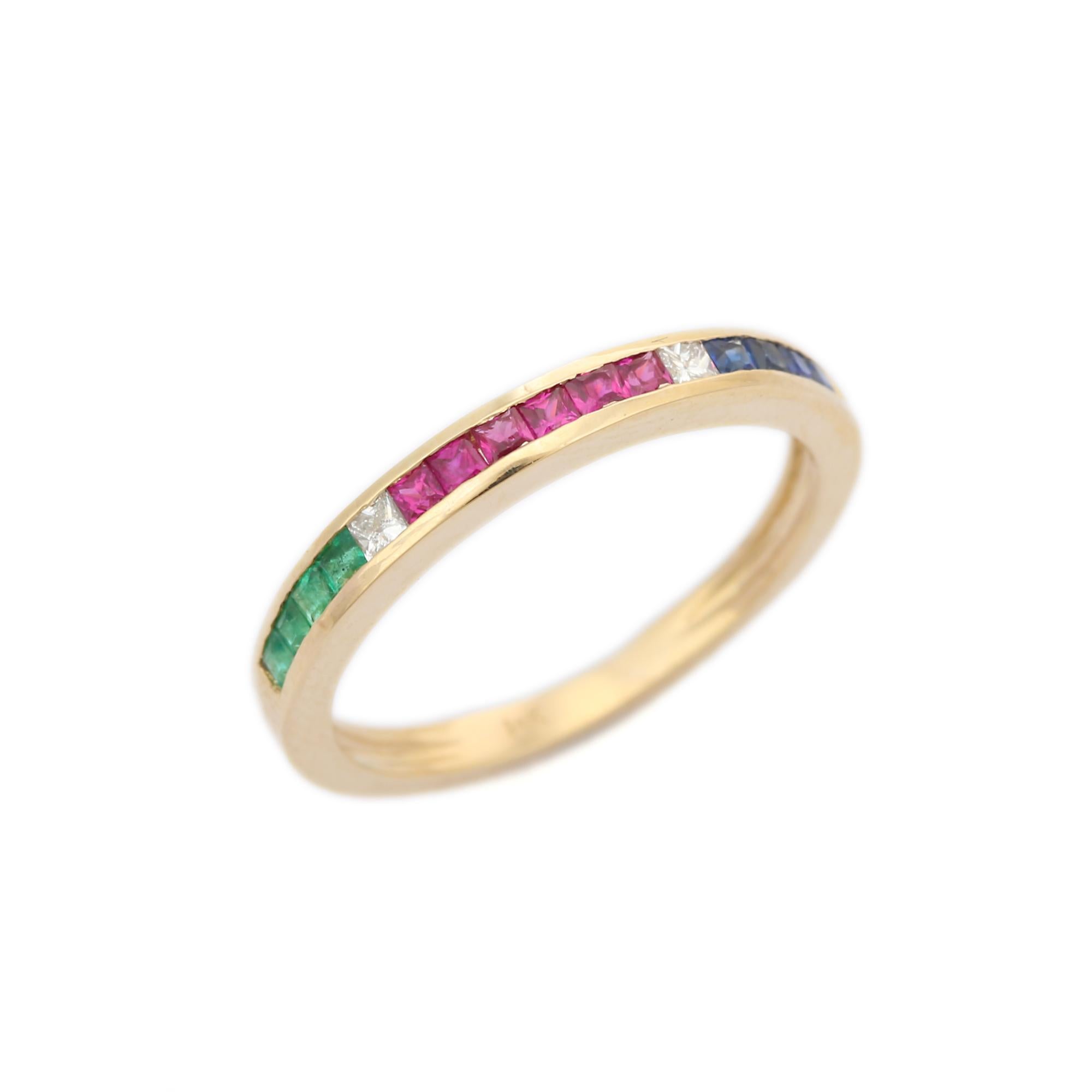 For Sale:  Stackable Emerald, Ruby and Sapphire Band Ring in 14k Solid Yellow Gold 5