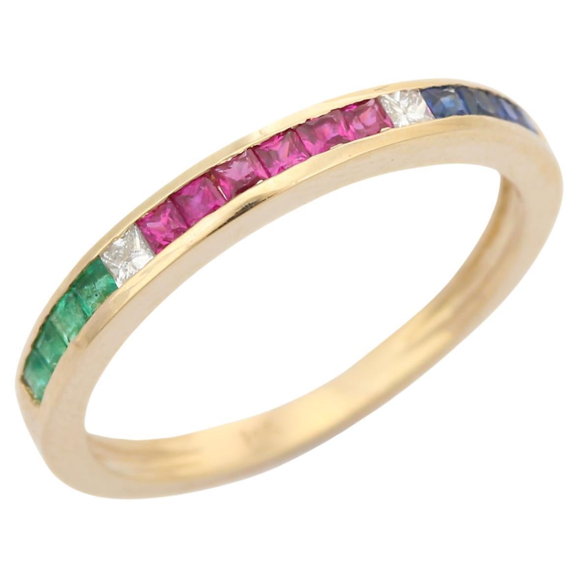For Sale:  Stackable Emerald, Ruby and Sapphire Band Ring in 14k Solid Yellow Gold