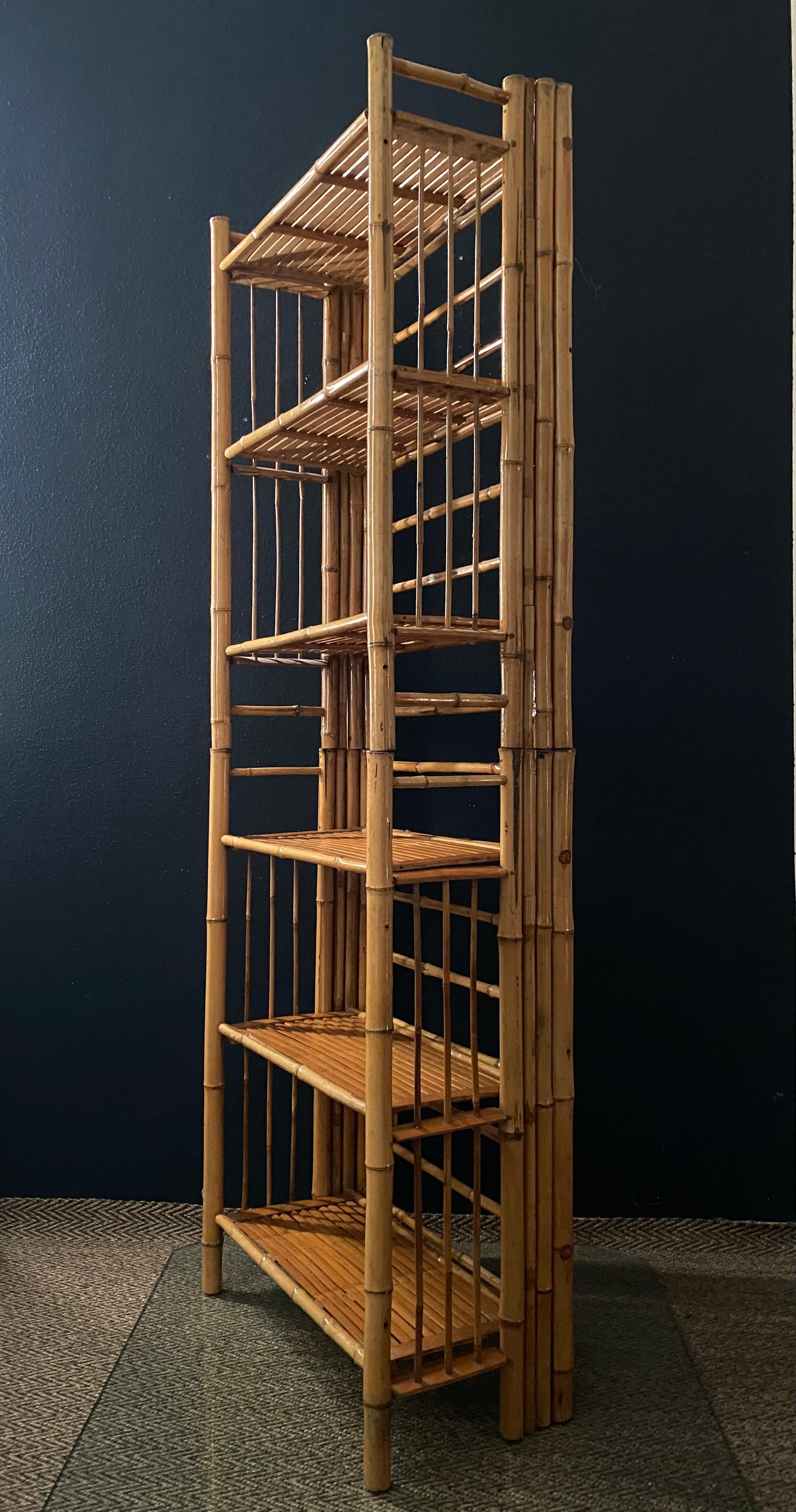 Made entirely of bamboo, this shelf is a functional piece of mid-century modern furniture with a timeless look, natural character and made out of sustainable material.

It can be separated into two individual units or remain stacked as one unit. In