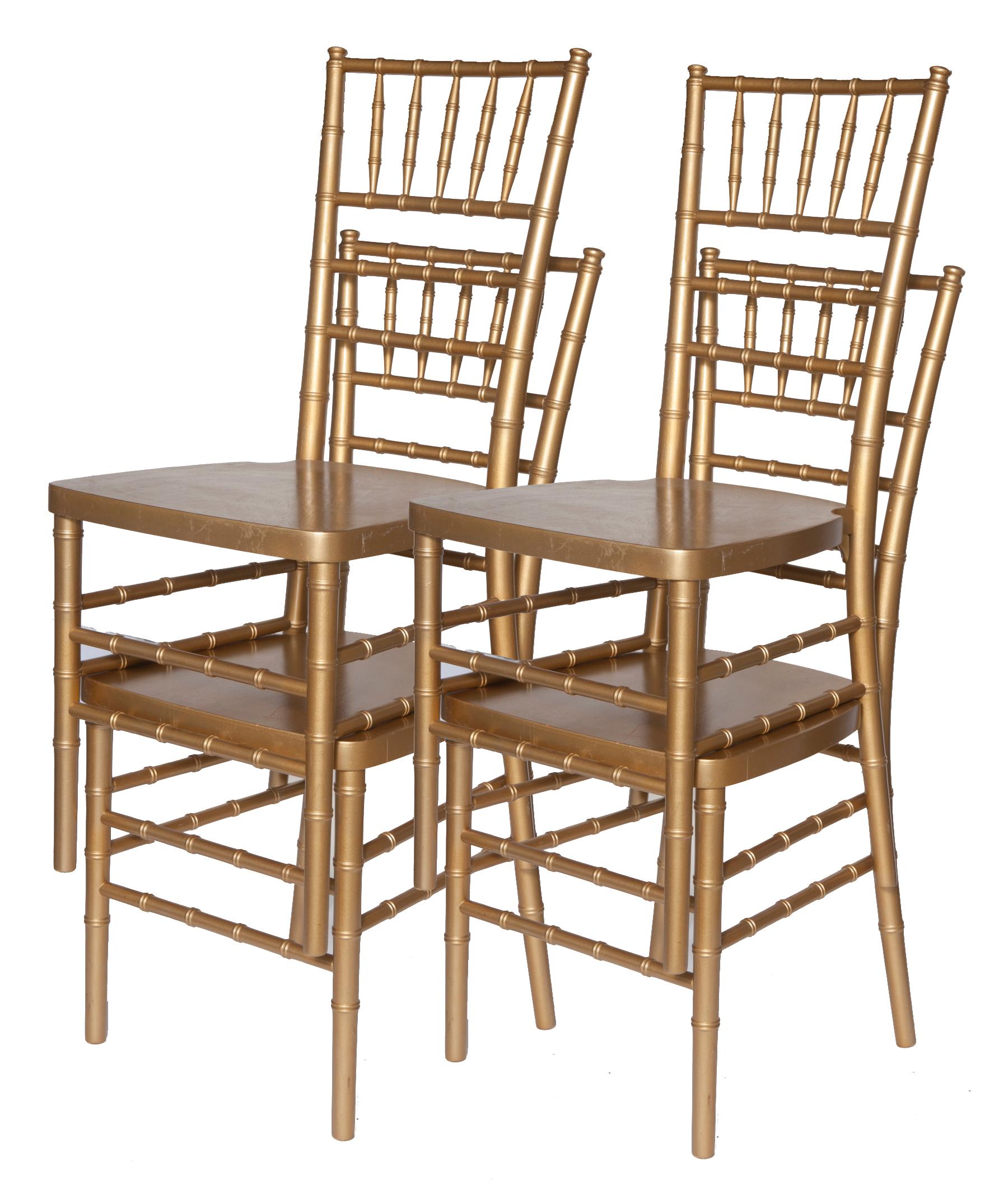 Stackable gold chairs with white seat cushions. Perfect for in or outdoor entertaining. Each chair measures 19