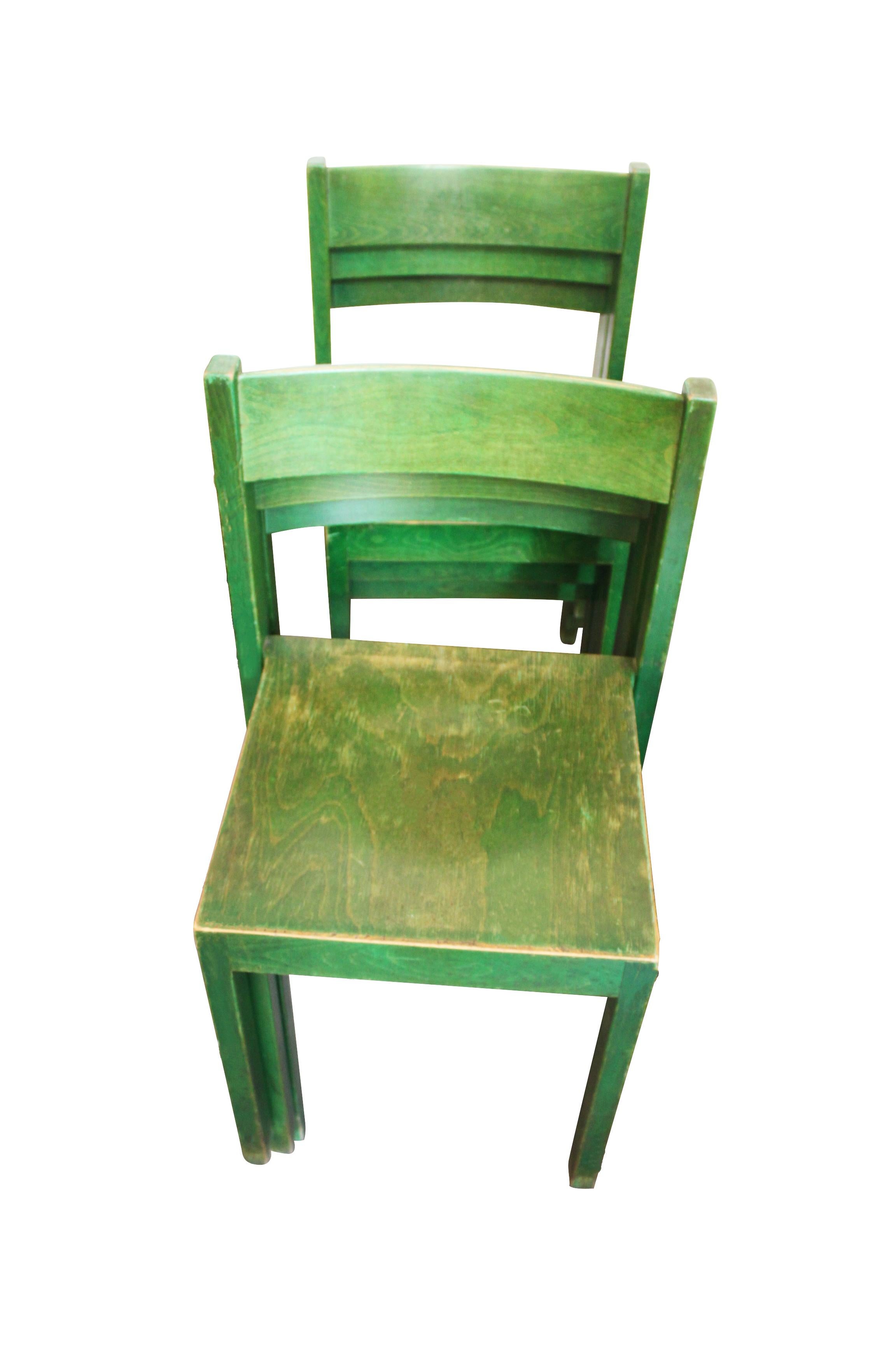 Stackable green dining chairs by Carl Auböck for E. & A. Pollak, 1956, set of 6.
 