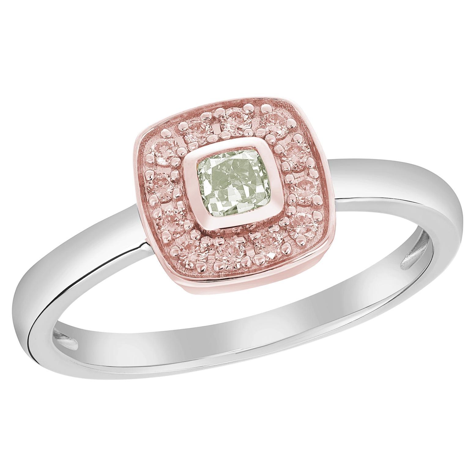 Stackable Halo Ring with Greenish Yellow Cushion Accented by Argyle Pink Diamond