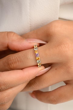 Multi Gemstone Stackable Half Promise Band Ring for Her in 14k Solid White Gold
