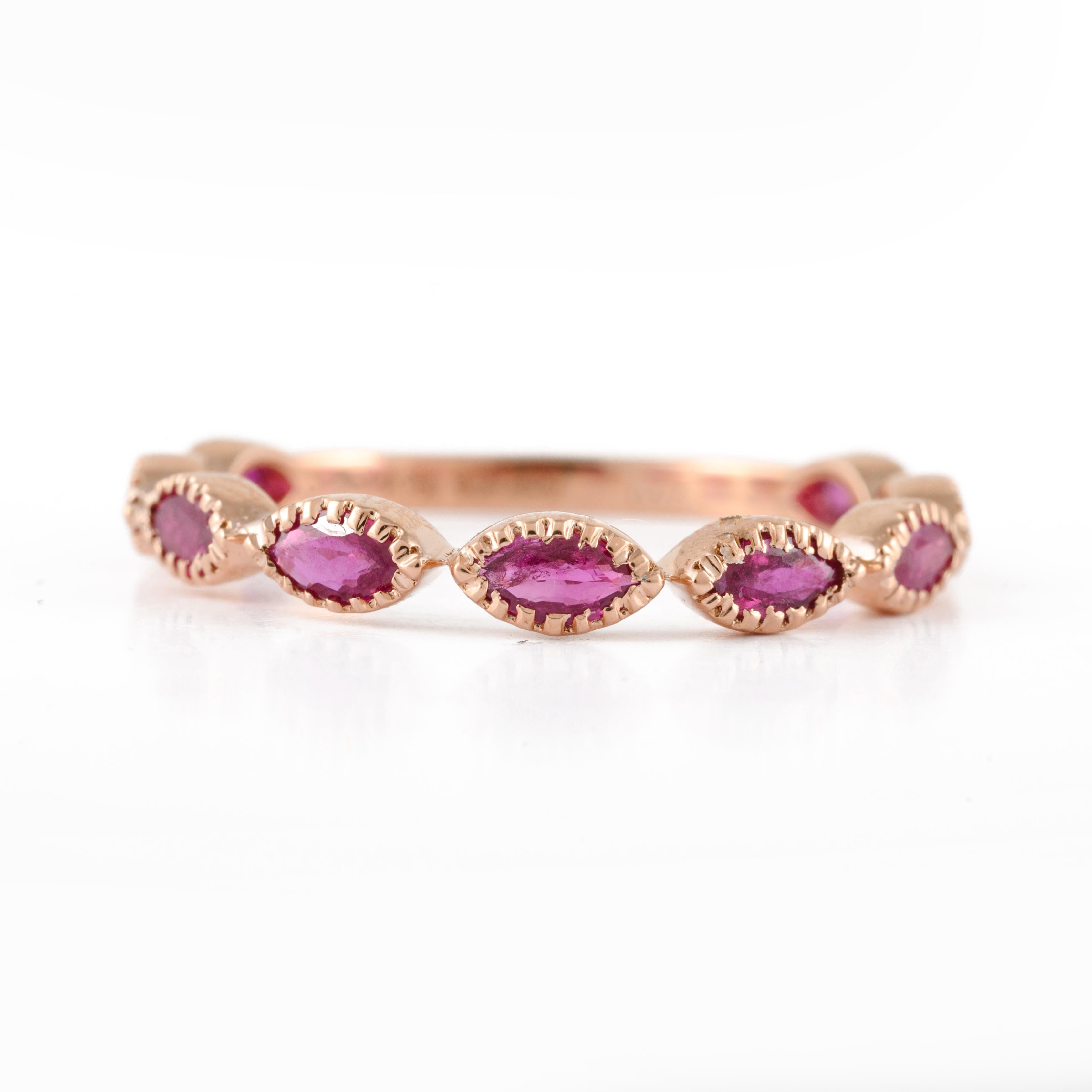 For Sale:  Stackable Marquise Natural Ruby Half Eternity Band 18 Karat Solid Rose Gold 2