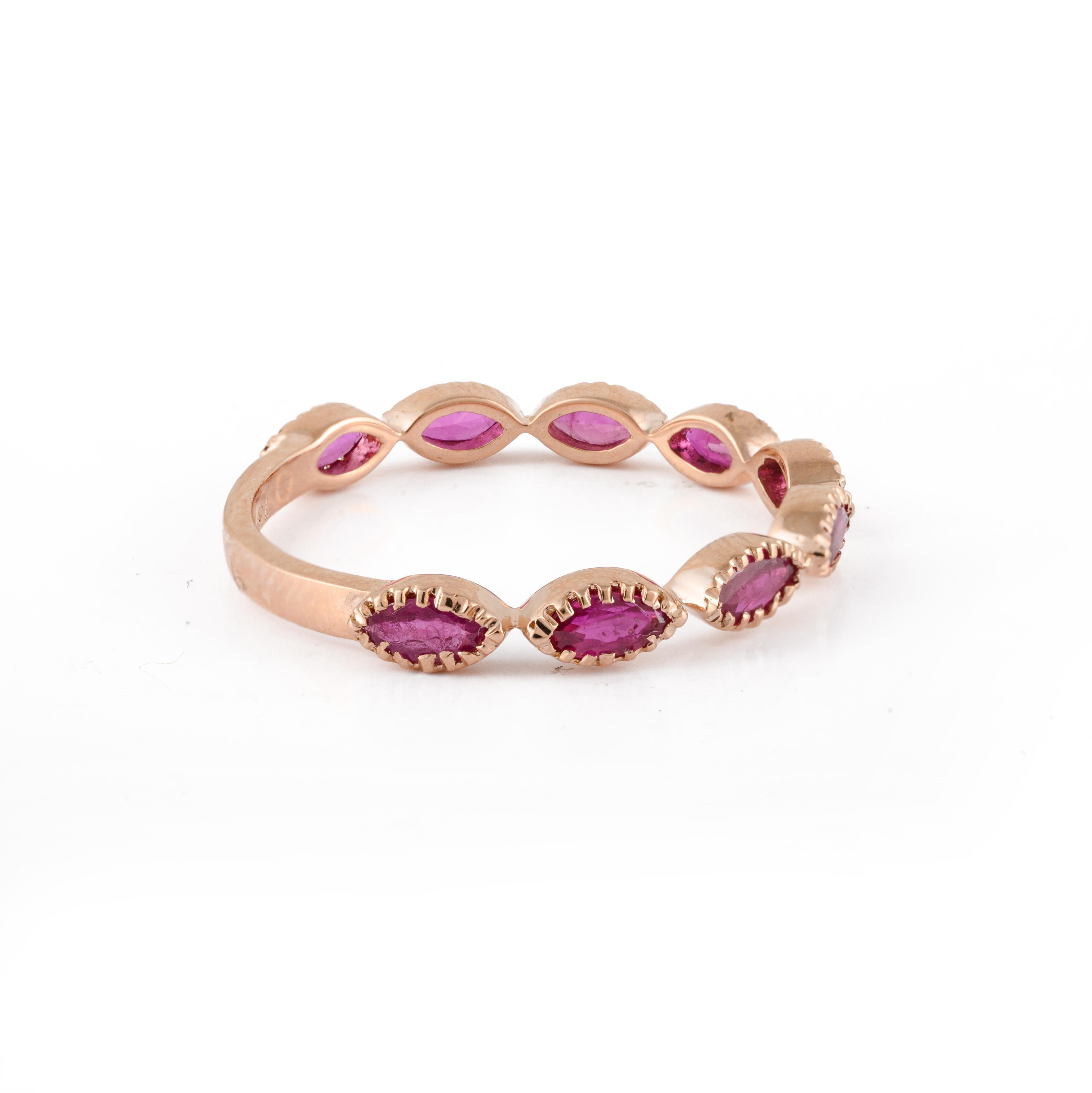 For Sale:  Stackable Marquise Natural Ruby Half Eternity Band 18 Karat Solid Rose Gold 3