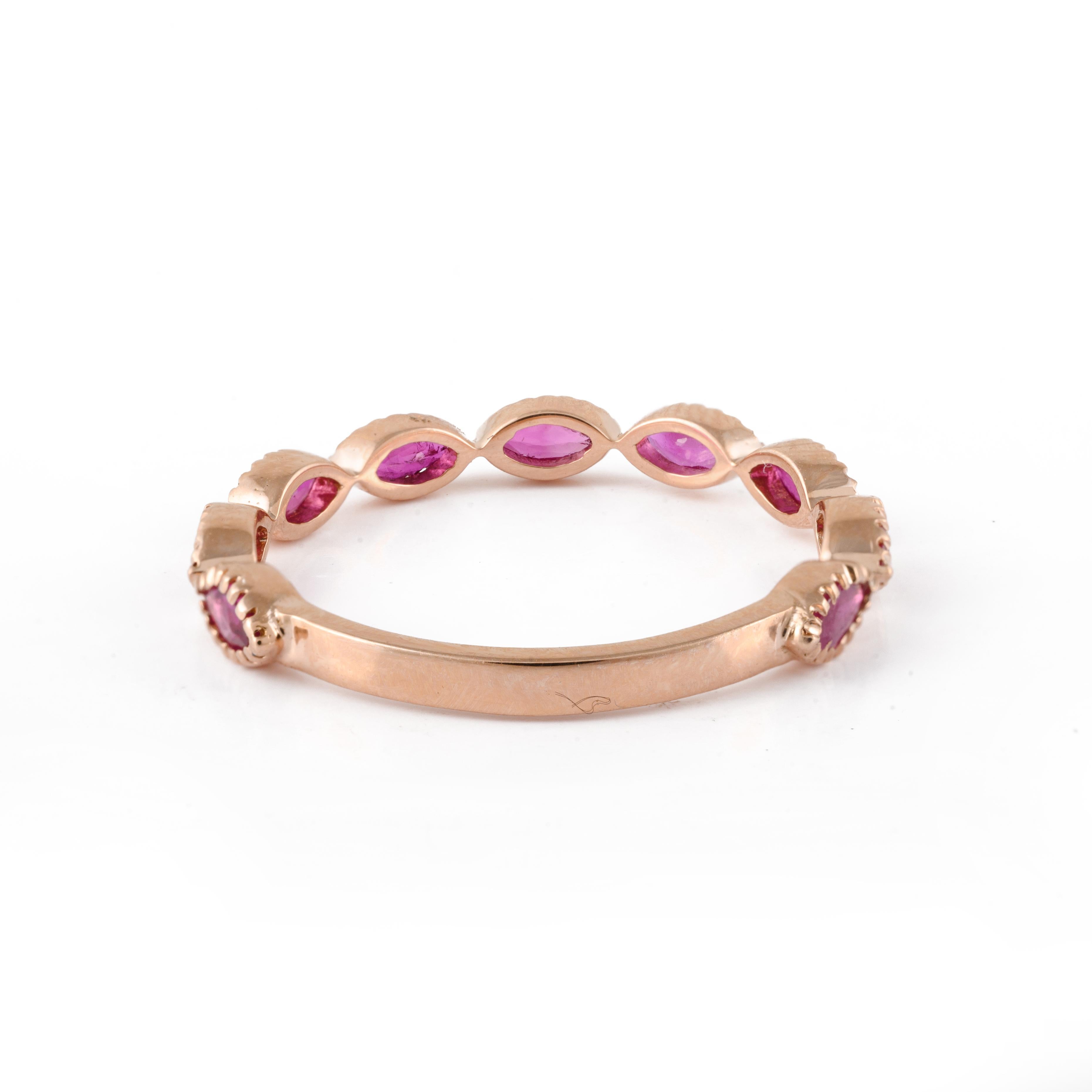 For Sale:  Stackable Marquise Natural Ruby Half Eternity Band 18 Karat Solid Rose Gold 5