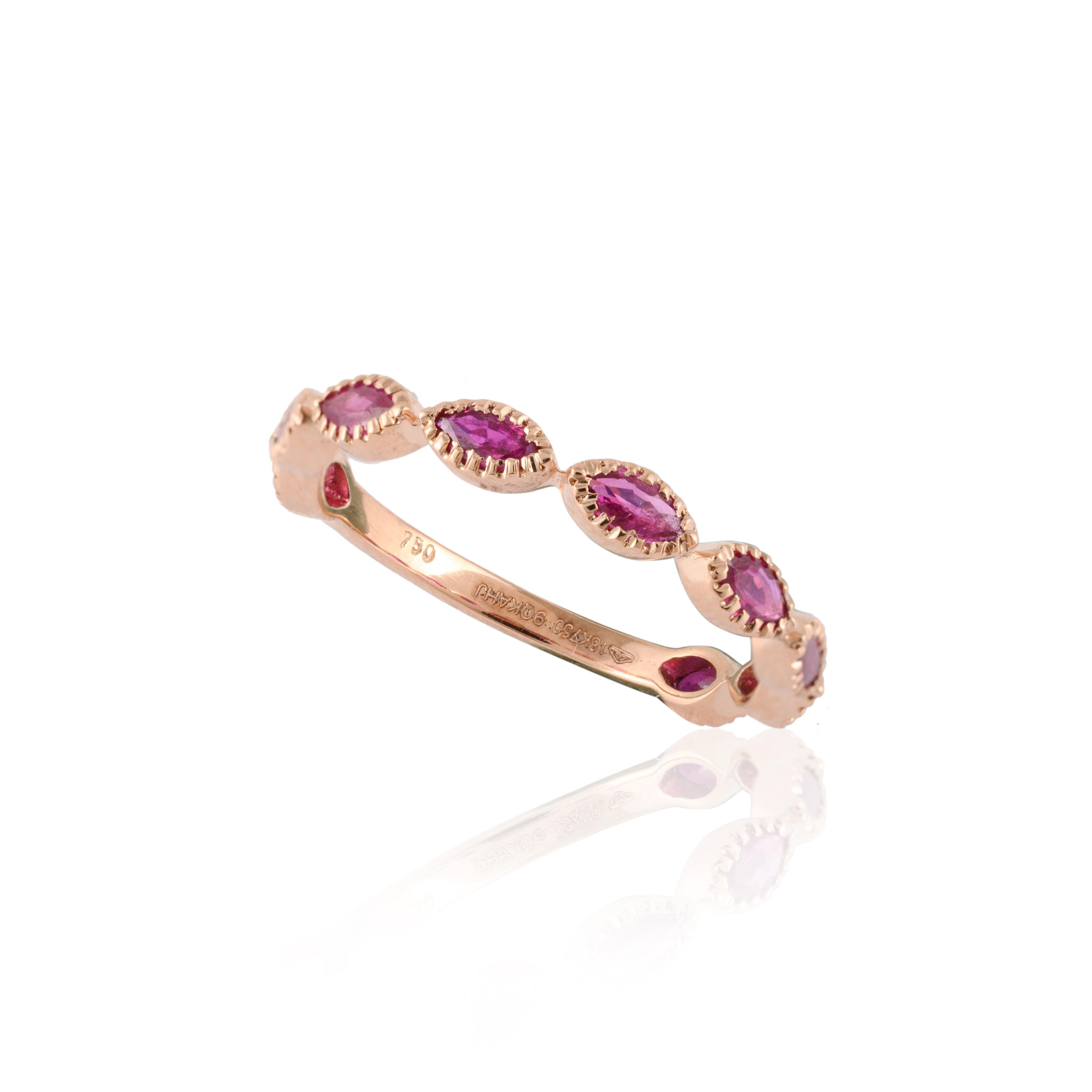 For Sale:  Stackable Marquise Natural Ruby Half Eternity Band 18 Karat Solid Rose Gold 6