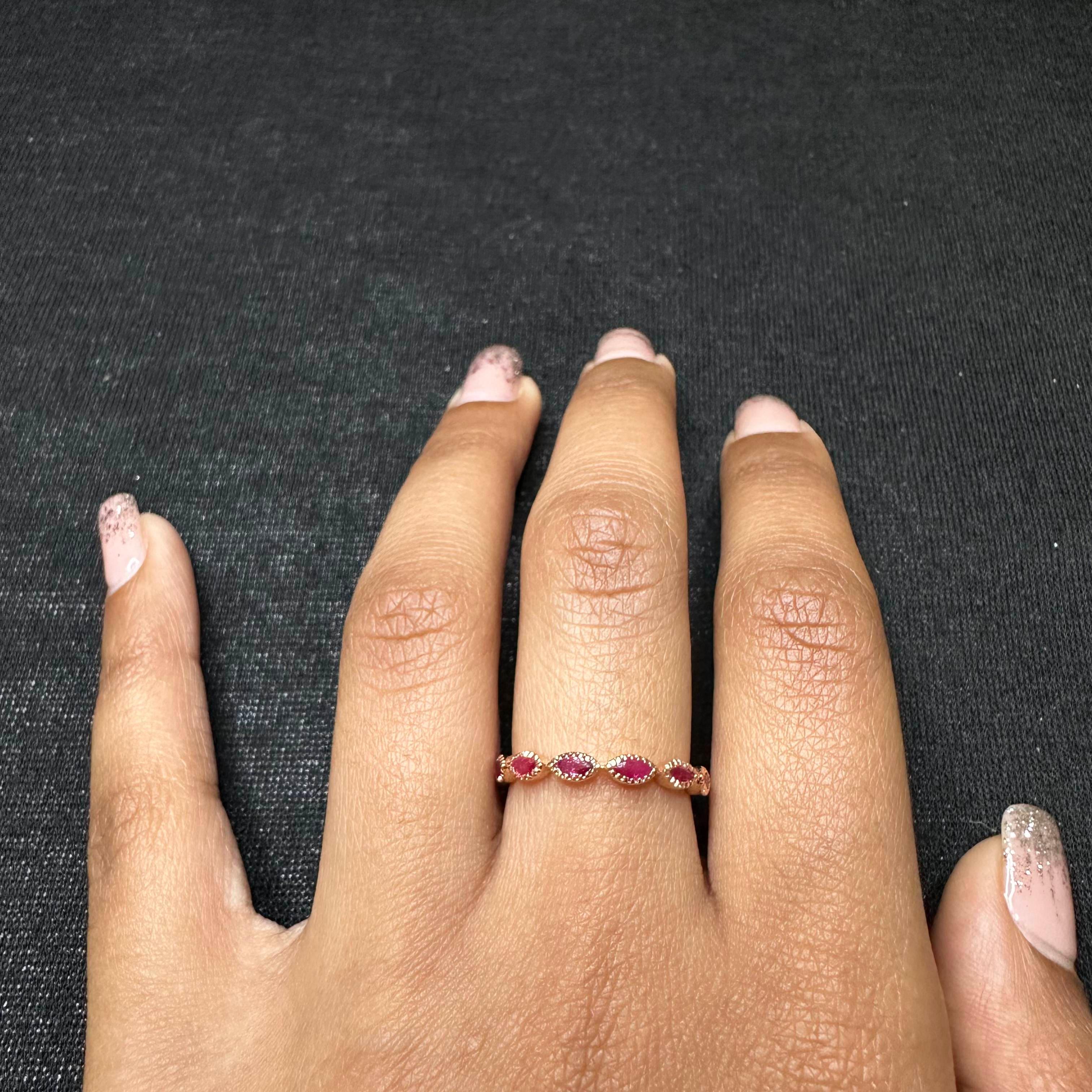 For Sale:  Stackable Marquise Natural Ruby Half Eternity Band 18 Karat Solid Rose Gold 7