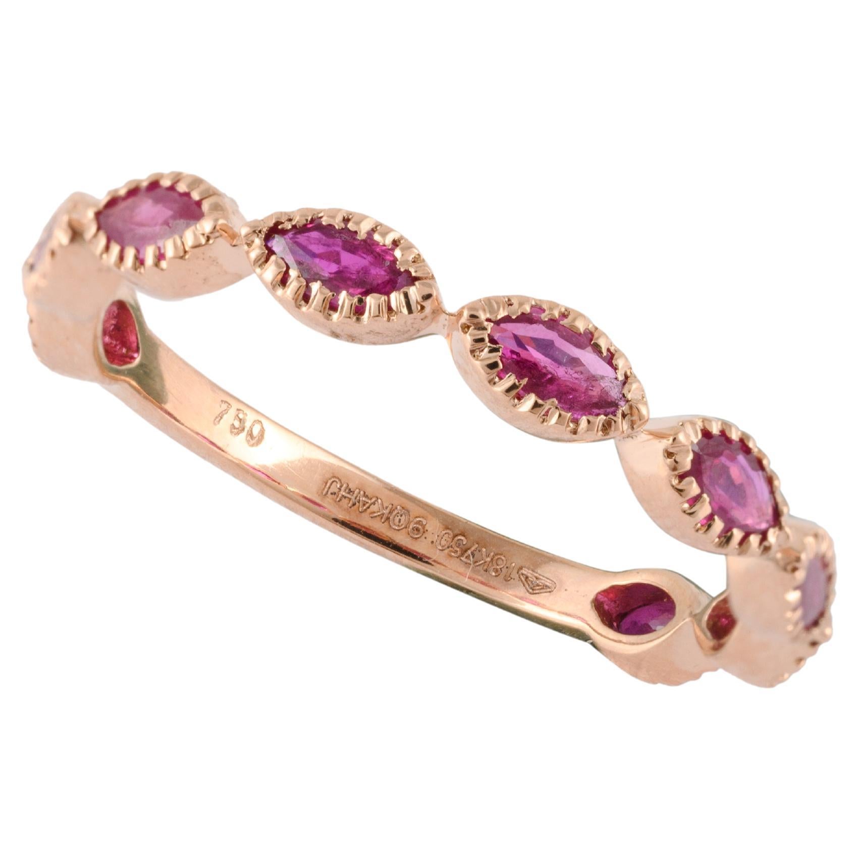 For Sale:  Stackable Marquise Natural Ruby Half Eternity Band 18 Karat Solid Rose Gold