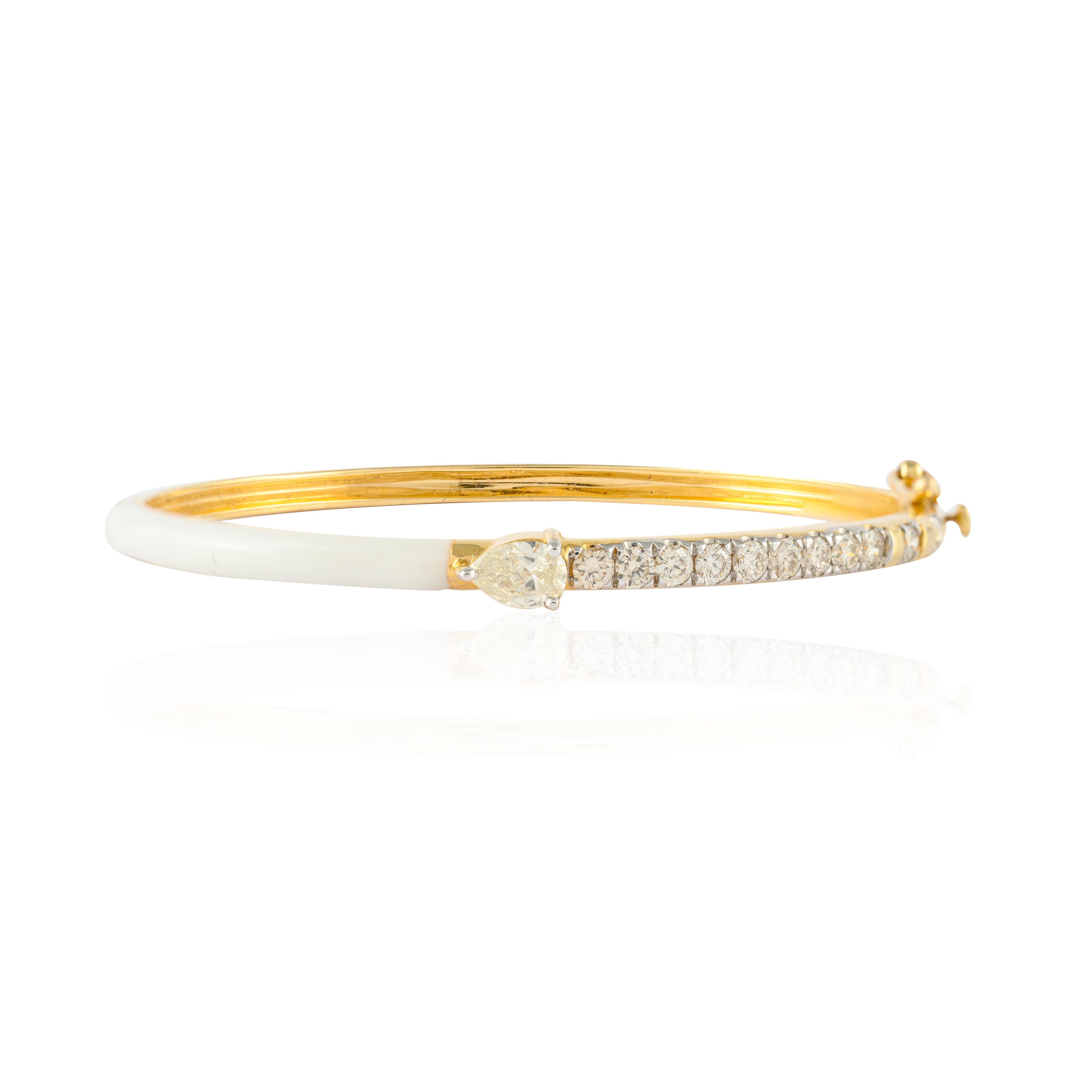 Mixed Cut Stackable Modern White Enamel 14k Solid Yellow Gold Diamond Bangle Bracelet For Sale
