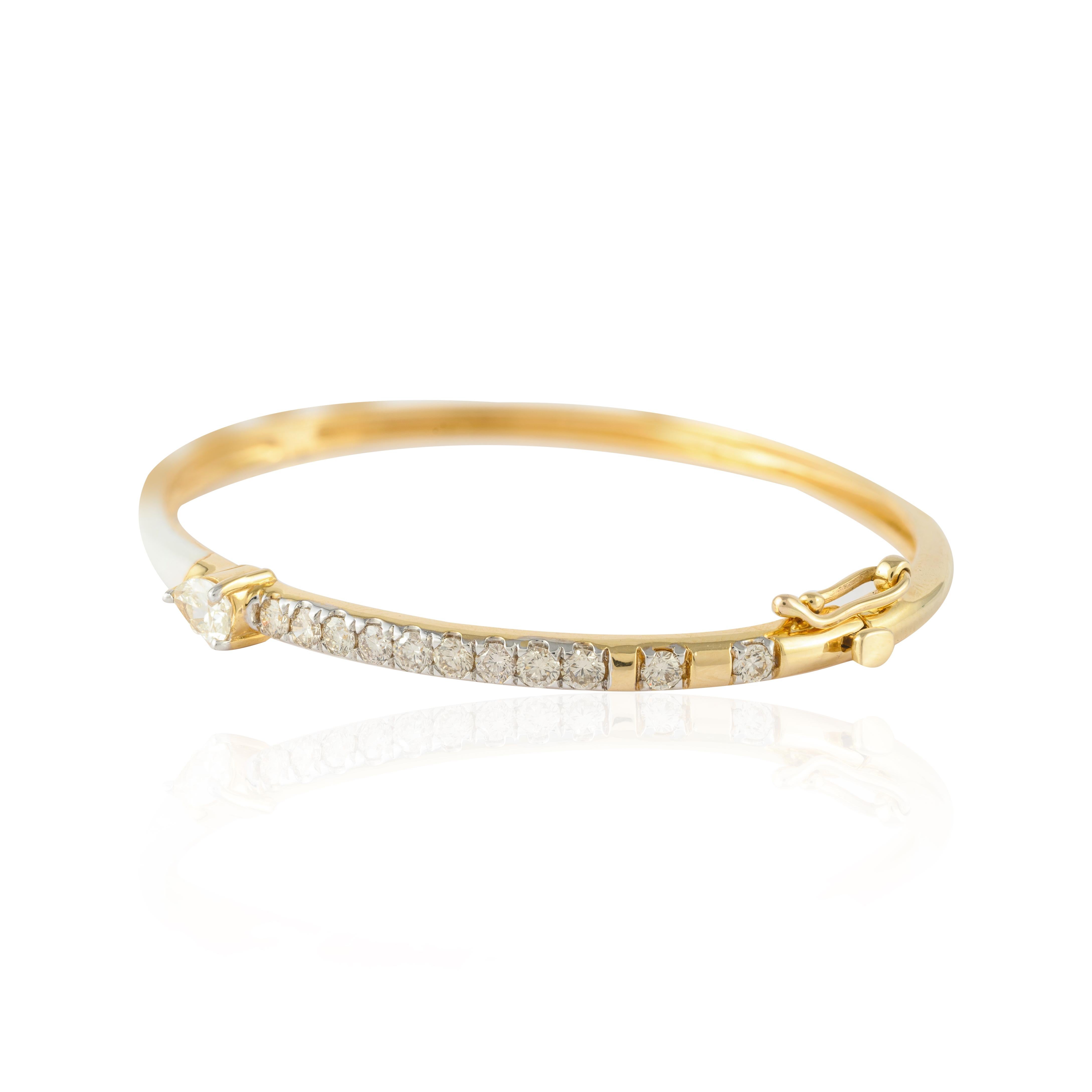 Women's Stackable Modern White Enamel 14k Solid Yellow Gold Diamond Bangle Bracelet For Sale