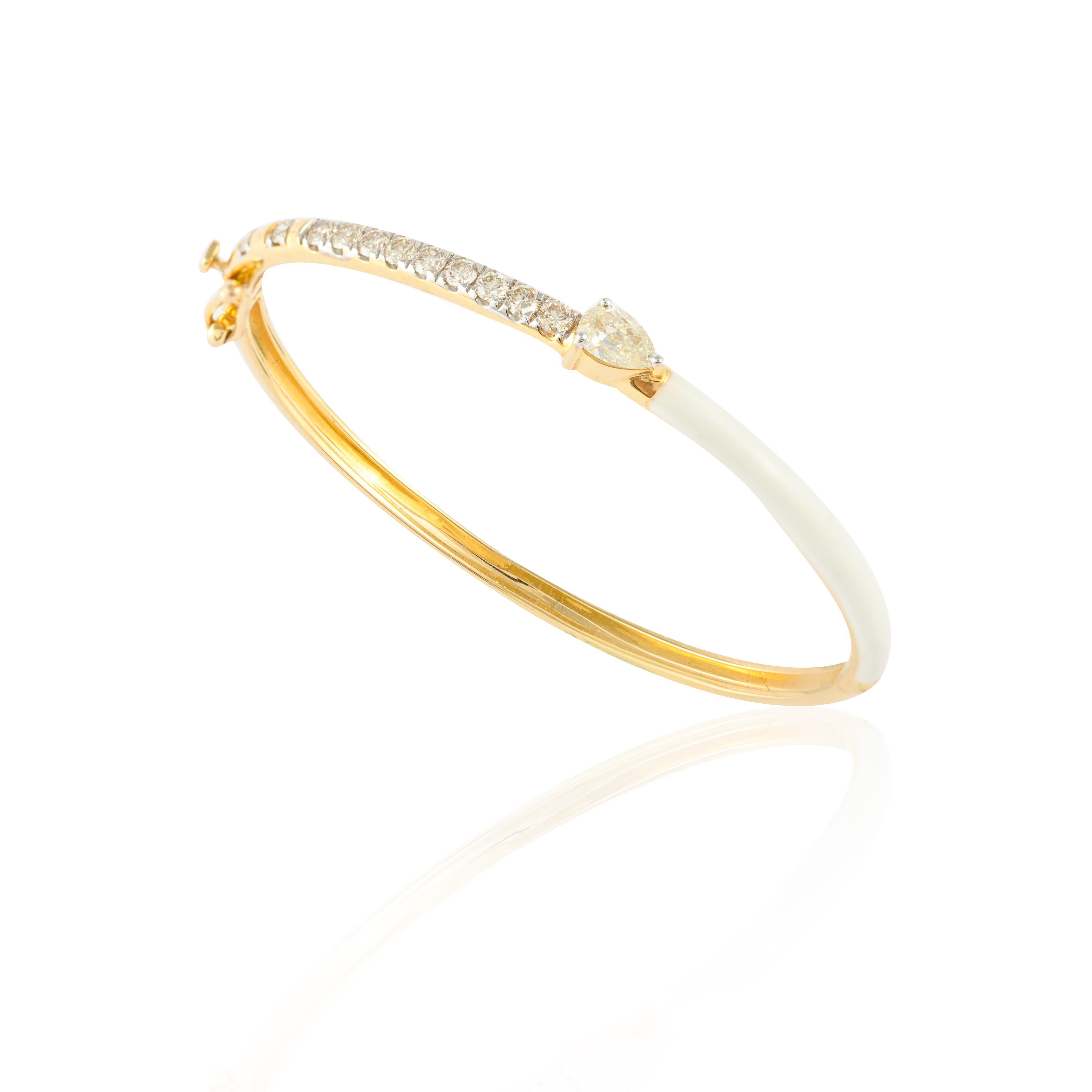 Stackable Modern White Enamel 14k Solid Yellow Gold Diamond Bangle Bracelet For Sale 4