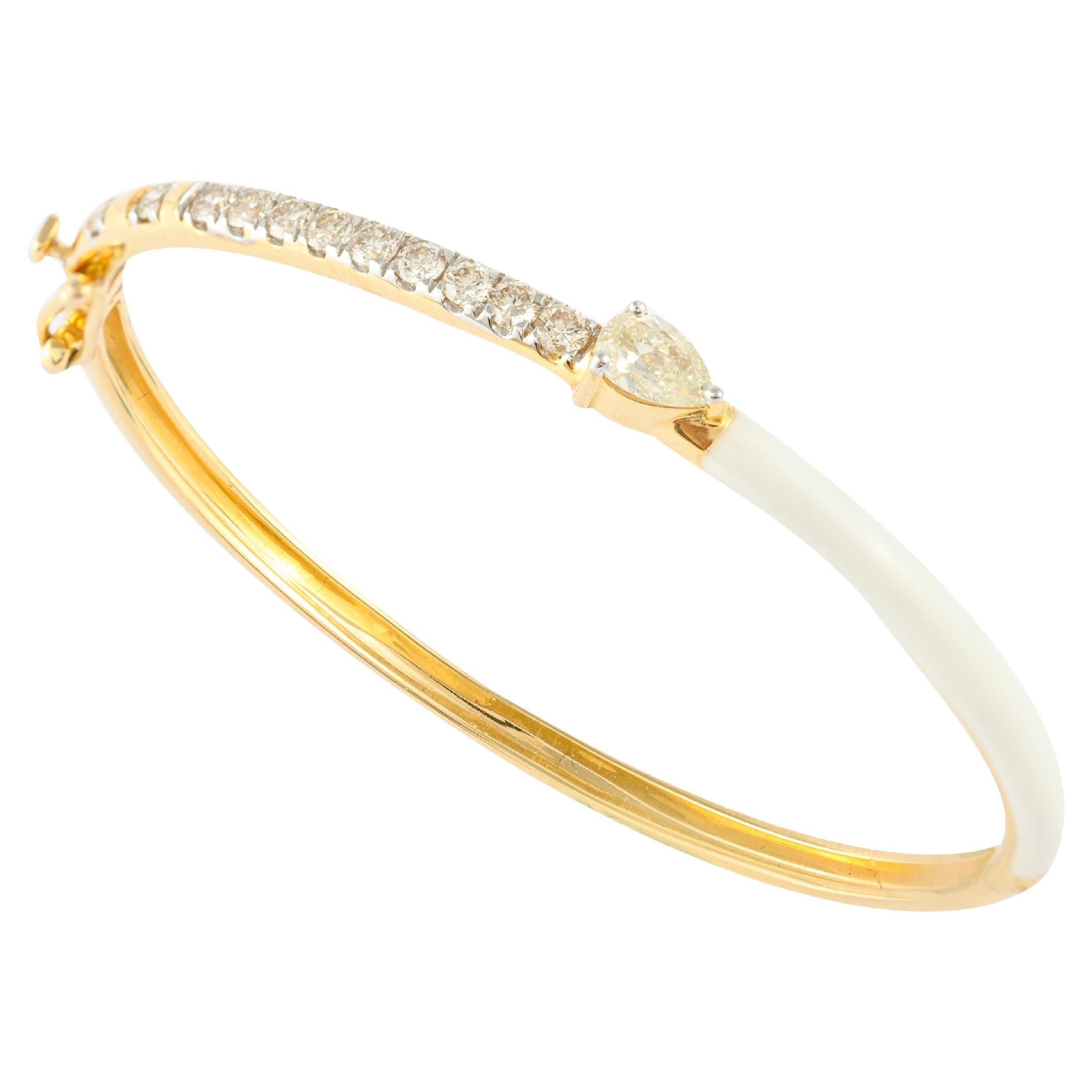 Stackable Modern White Enamel 14k Solid Yellow Gold Diamond Bangle Bracelet For Sale
