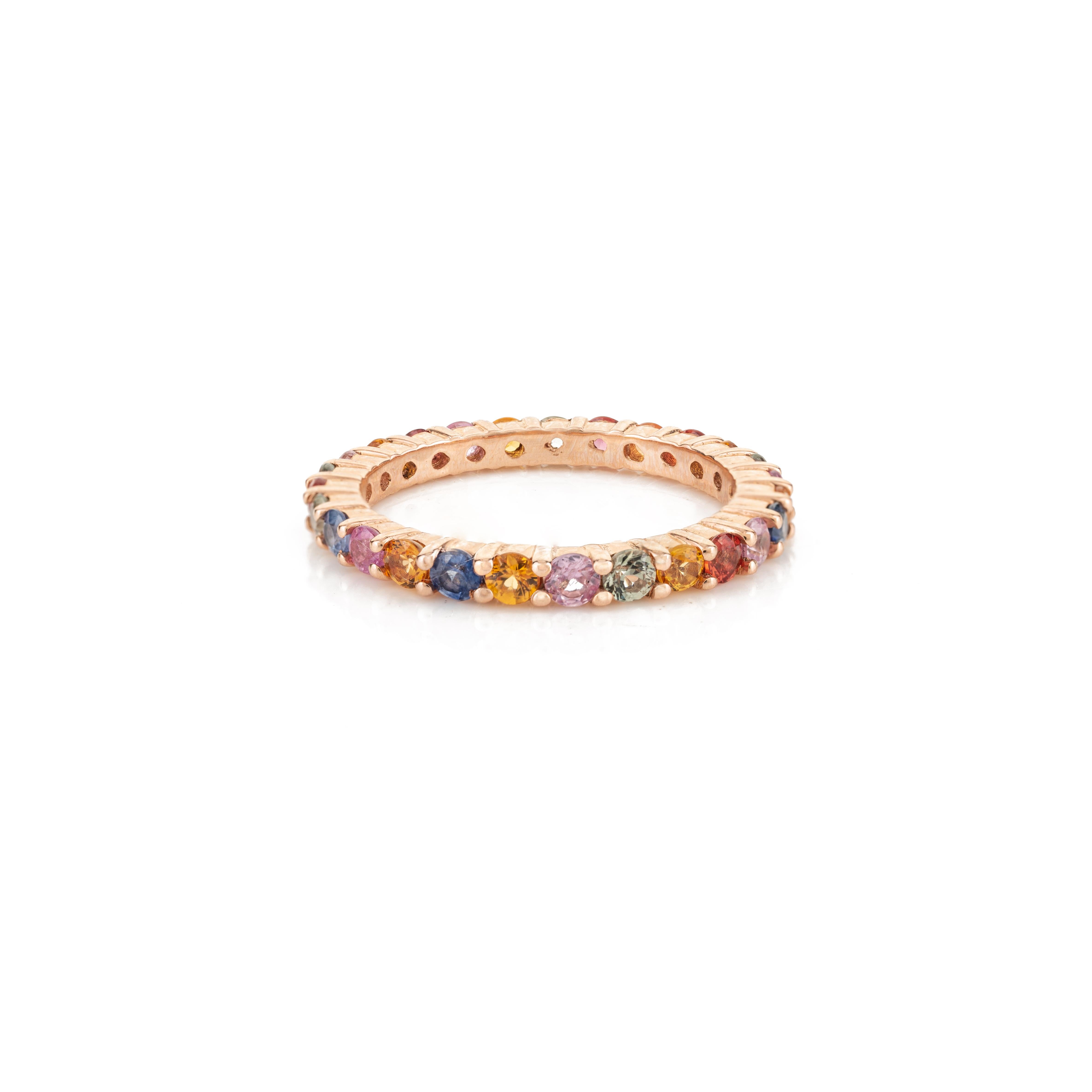 For Sale:  Stackable Multi Color Sapphire Eternity Band Ring Crafted in 14 Solid Rose Gold 5