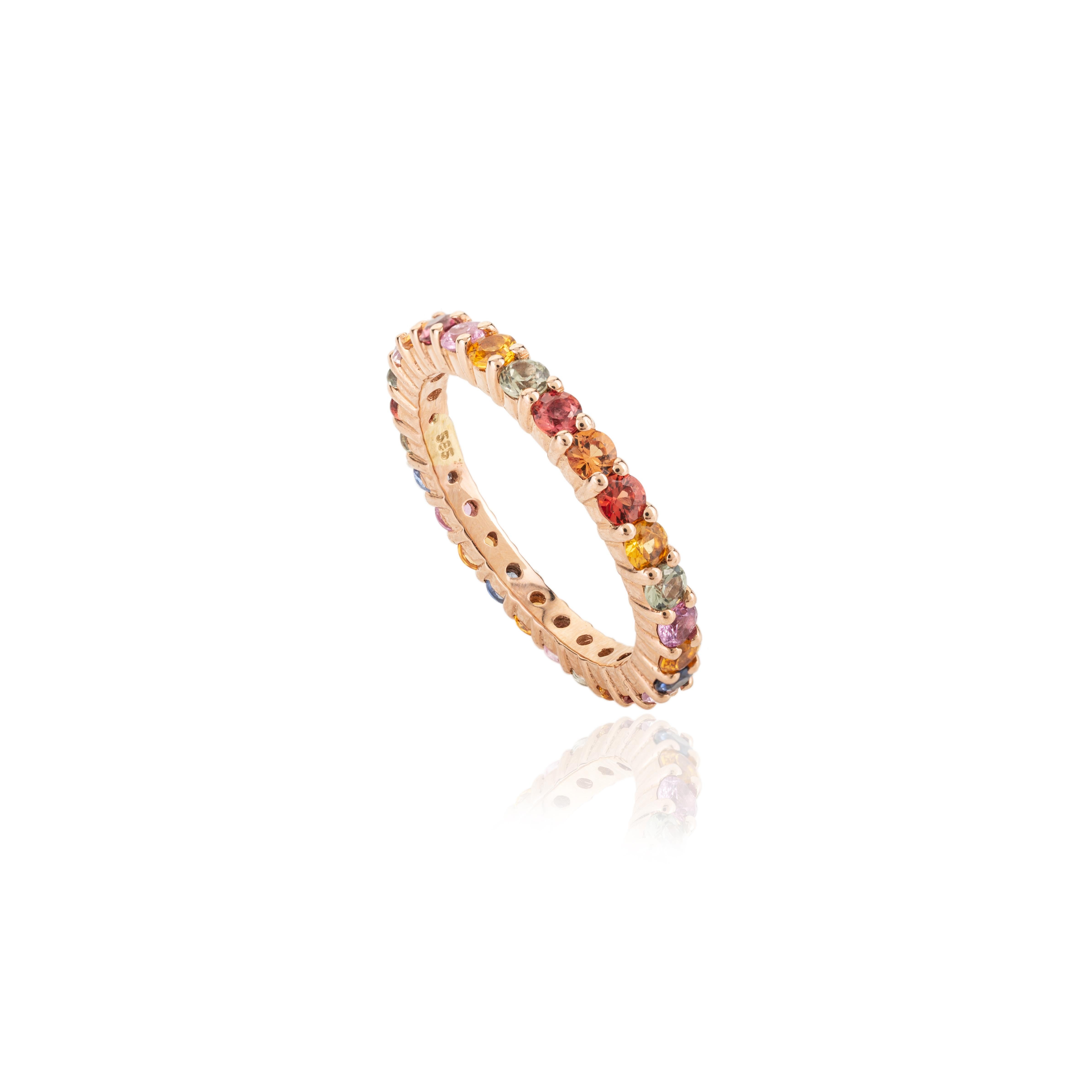 For Sale:  Stackable Multi Color Sapphire Eternity Band Ring Crafted in 14 Solid Rose Gold 7