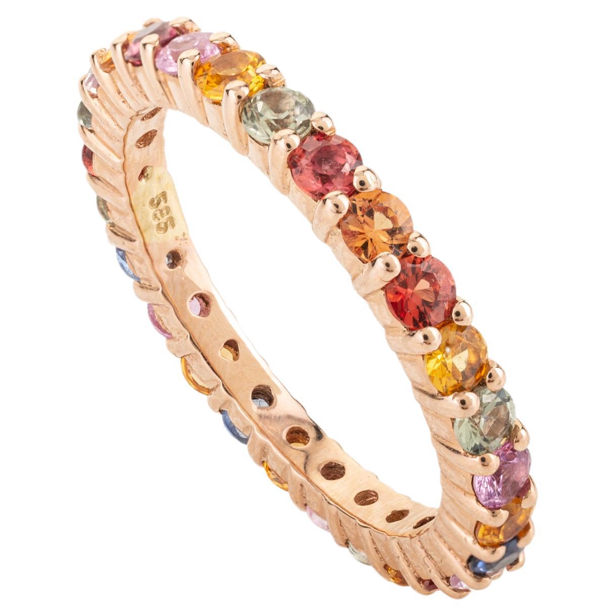 For Sale:  Stackable Multi Color Sapphire Eternity Band Ring Crafted in 14 Solid Rose Gold