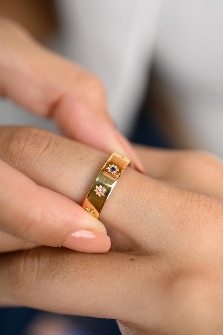 For Sale:  Starburst Multi Sapphire Studded Band Ring in 18k Solid Yellow Gold 3