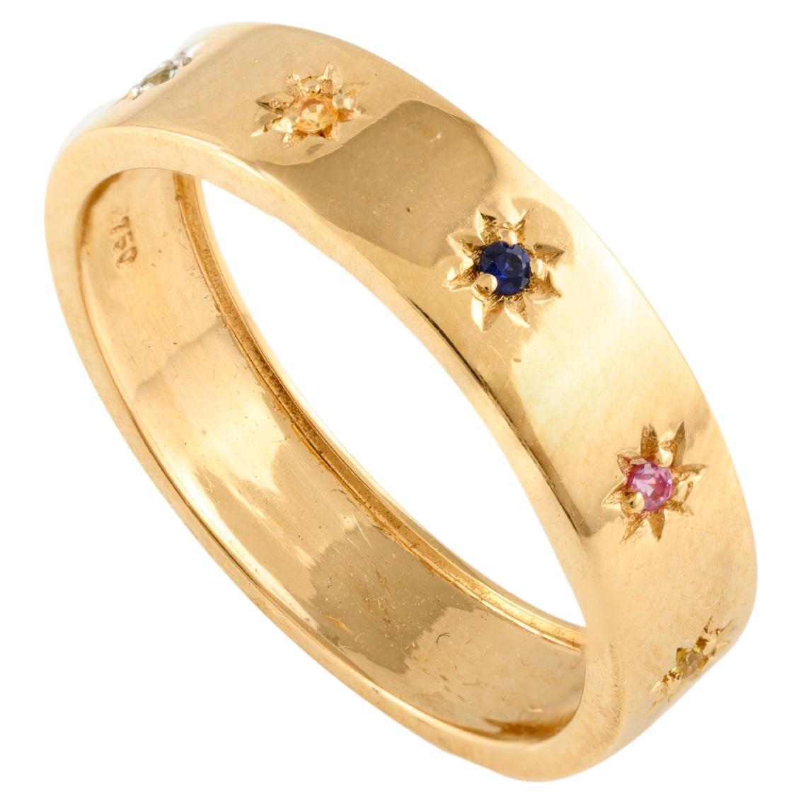 For Sale:  Starburst Multi Sapphire Studded Band Ring in 18k Solid Yellow Gold