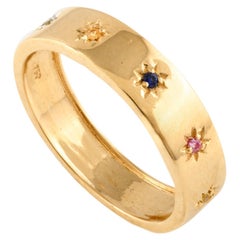 Starburst Multi Sapphire Studded Band Ring in 18k Solid Yellow Gold