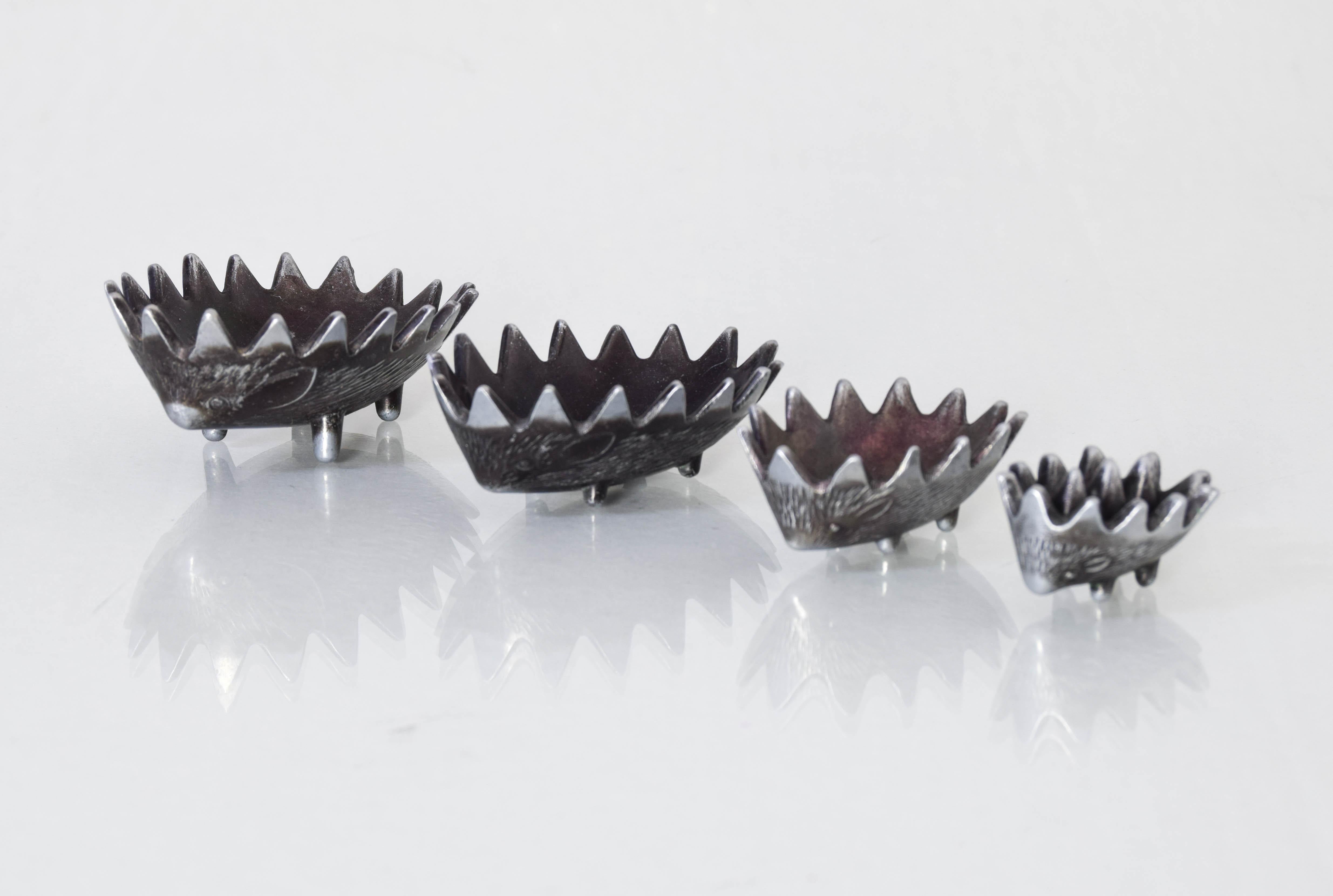 Austrian Stackable Peltre Hedgehog Ashtrays Attributed to Walter Bosse 50s