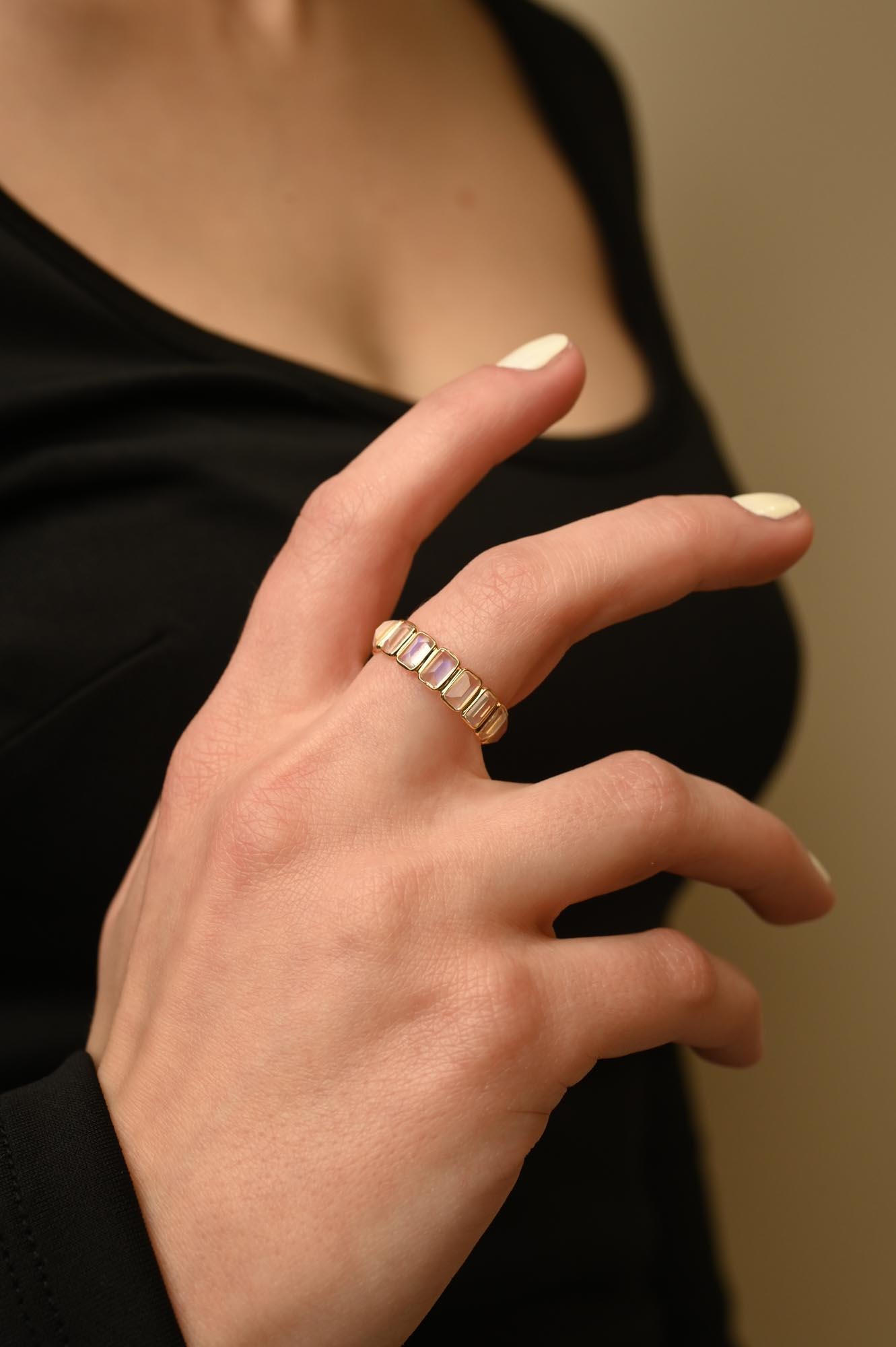 For Sale:  Stackable Rainbow Moonstone Modern Eternity Band Ring in 18k Solid Yellow Gold 4
