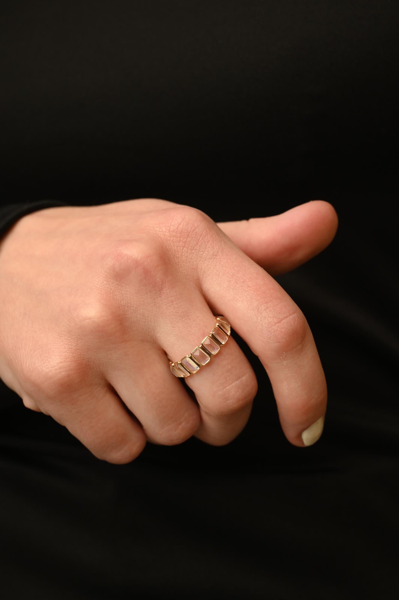 For Sale:  Modern Octagon Rainbow Moonstone Eternity Band Ring in 18k Solid Yellow Gold 7