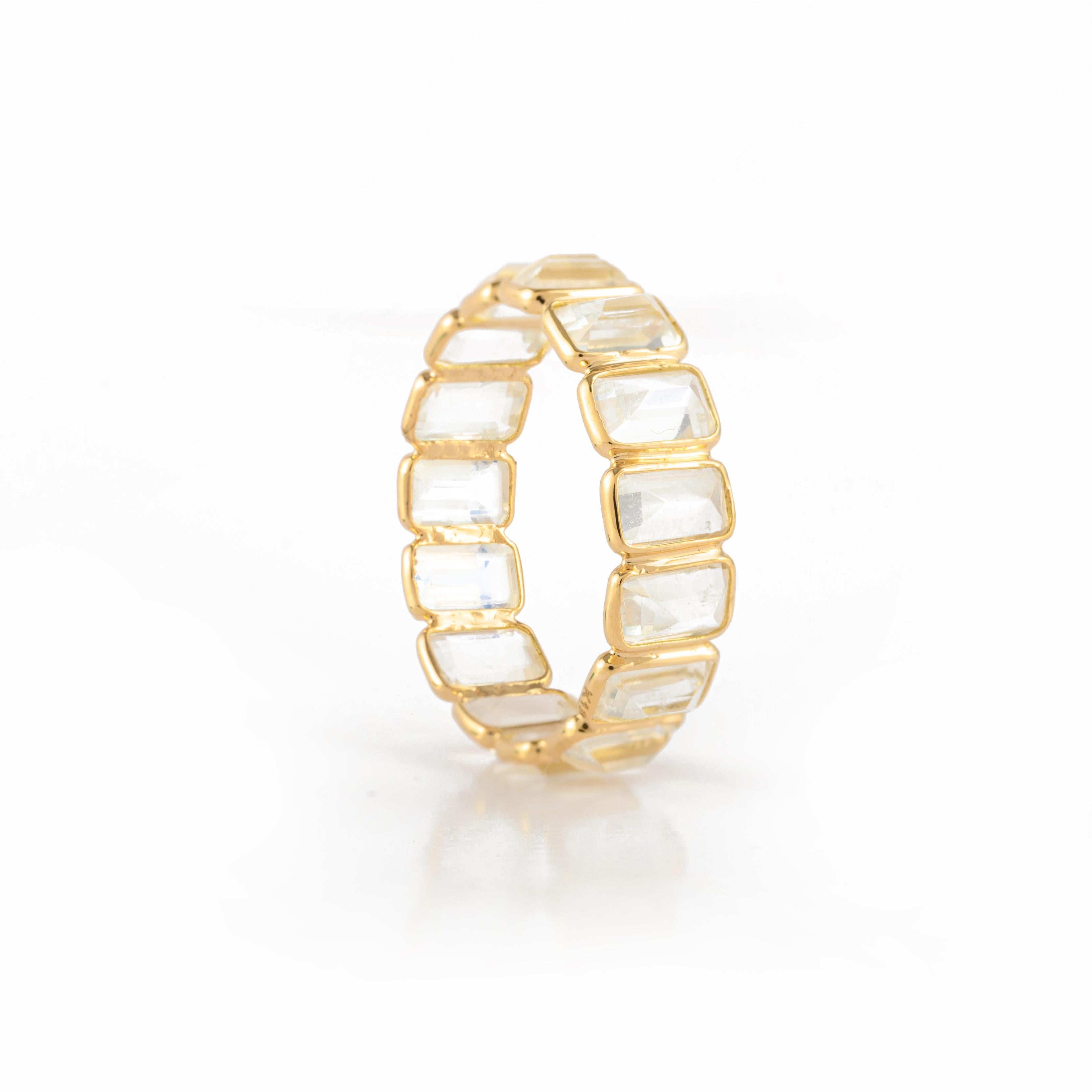For Sale:  Modern Octagon Rainbow Moonstone Eternity Band Ring in 18k Solid Yellow Gold 8
