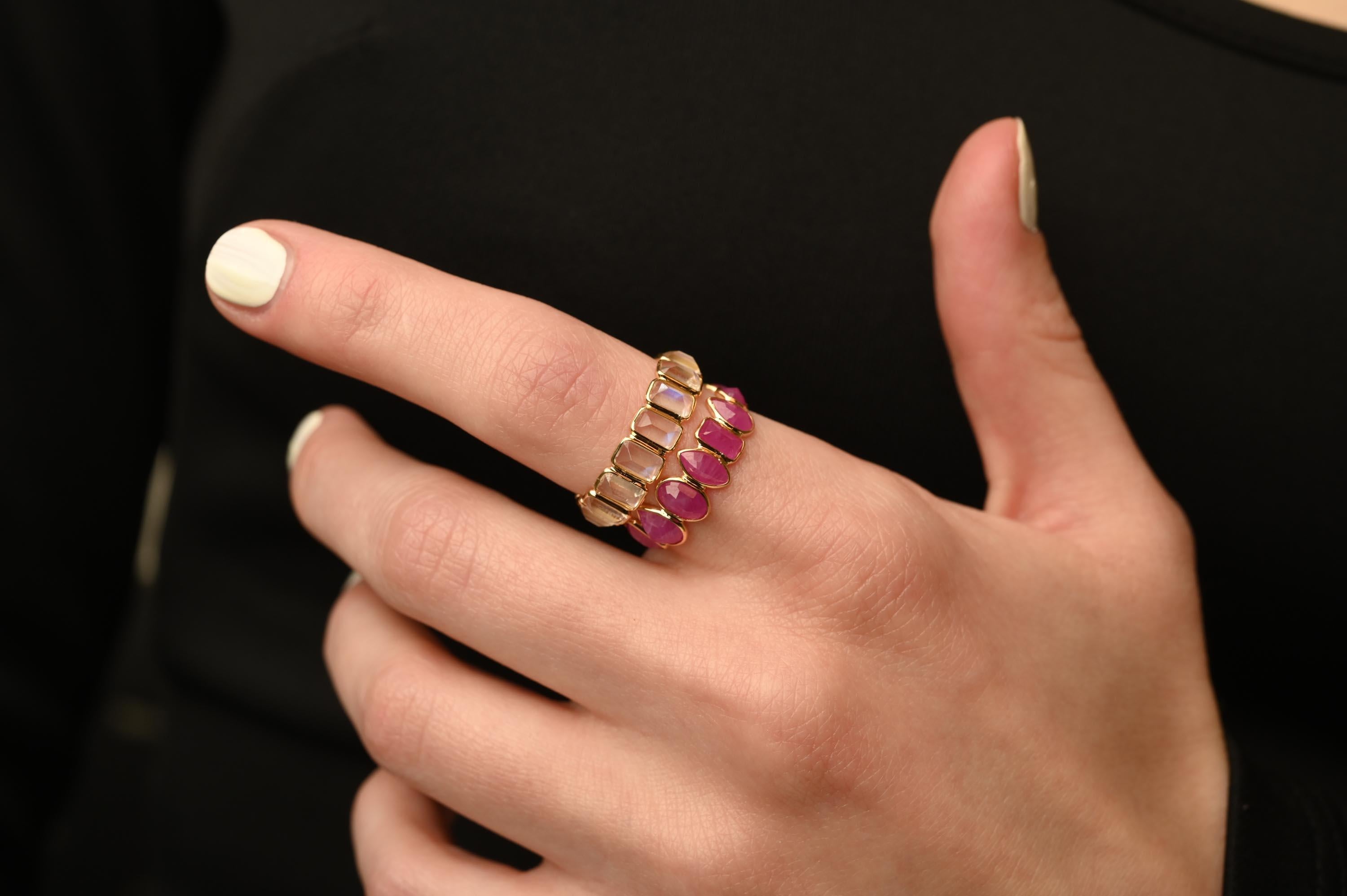 For Sale:  Modern Octagon Rainbow Moonstone Eternity Band Ring in 18k Solid Yellow Gold 9