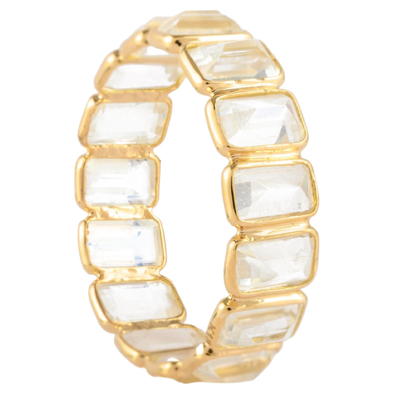 Stackable Rainbow Moonstone Modern Eternity Band Ring in 18k Solid Yellow Gold