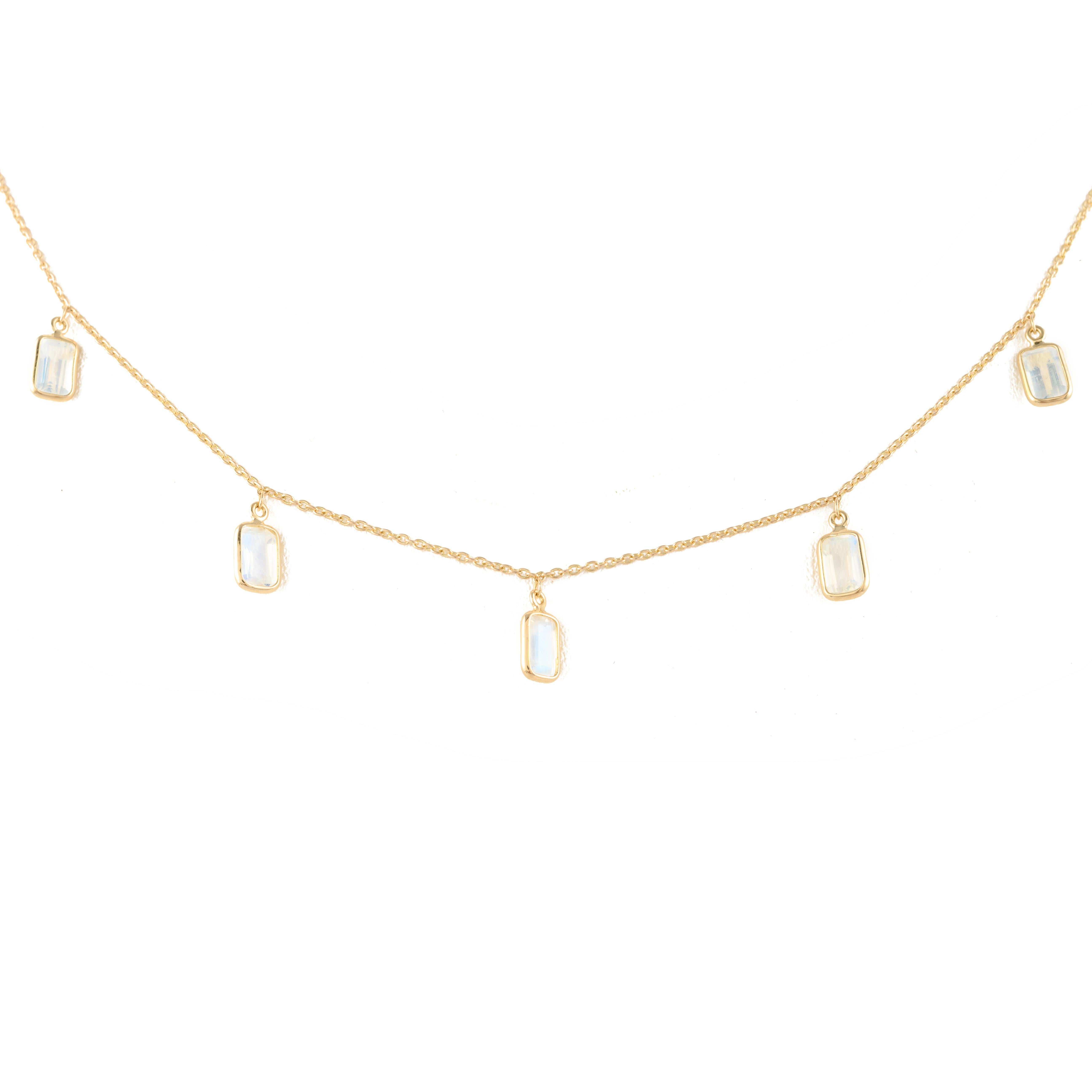 Rainbow Moonstone Stacking Necklace studded with rainbow moonstone in 18K Gold. This stunning piece of jewelry instantly elevates a casual look or dressy outfit. 
Moonstone can help you attract the right people into your life.
Designed with octagon